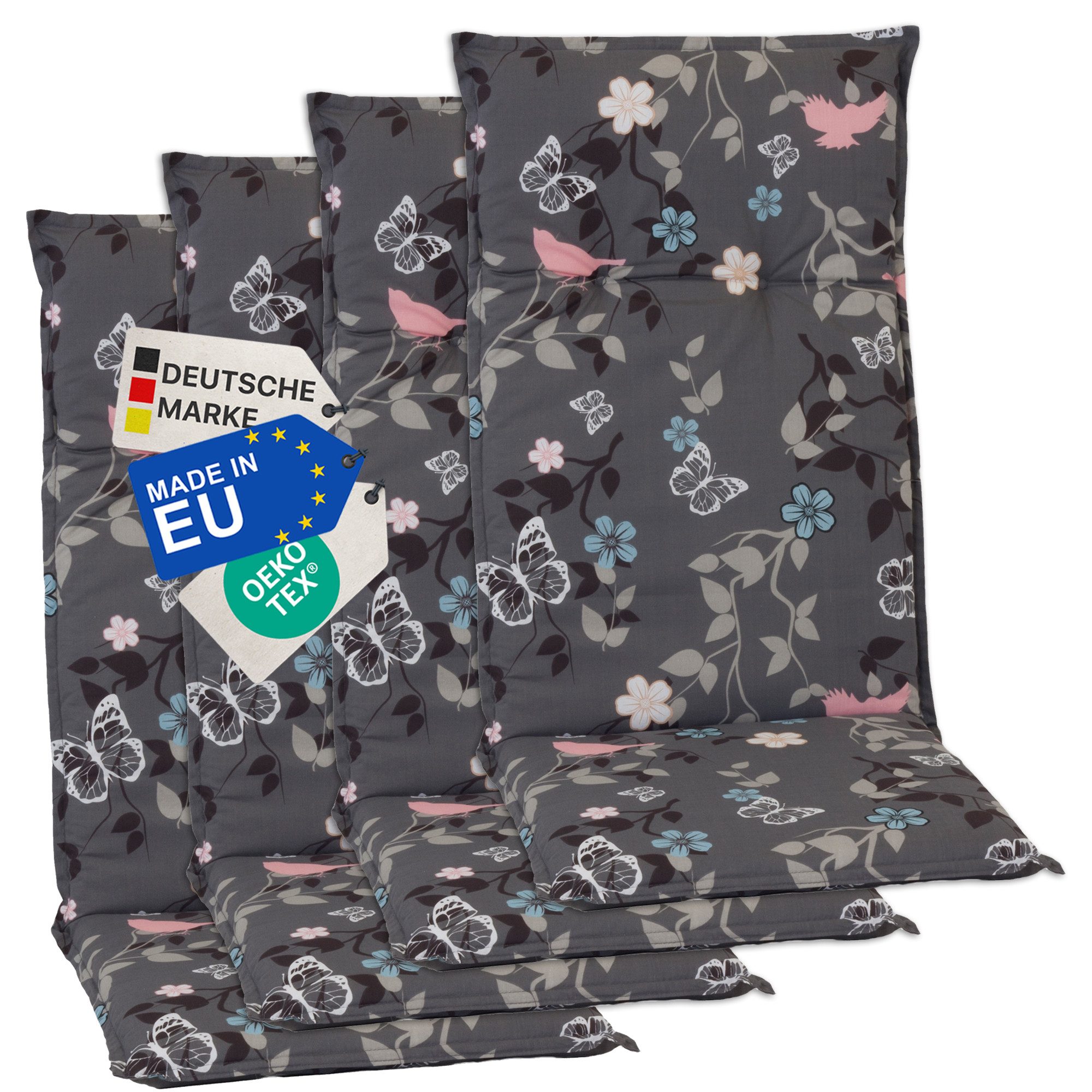 NYVI Hochlehnerauflage Hochlehner Auflagen 4er Set Barcelona - Gartenstuhlauflagen 118x50cm, (4 St), Stuhlauflage, Sitzauflage mit Halteband, UV-fest, Blumen Floral