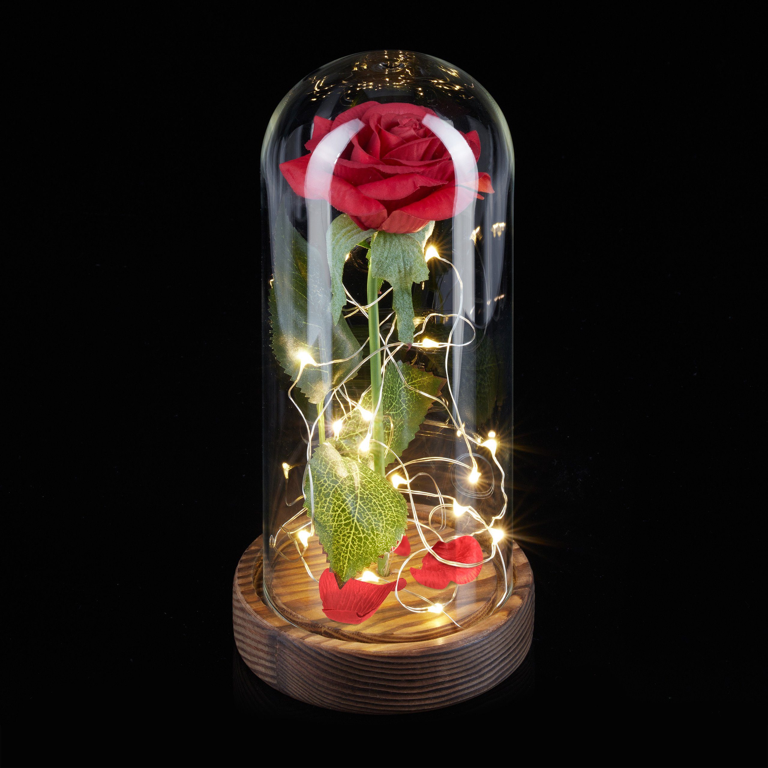 Kunstblume Ewige Rose 22 im mit cm Glas Höhe Licht, relaxdays