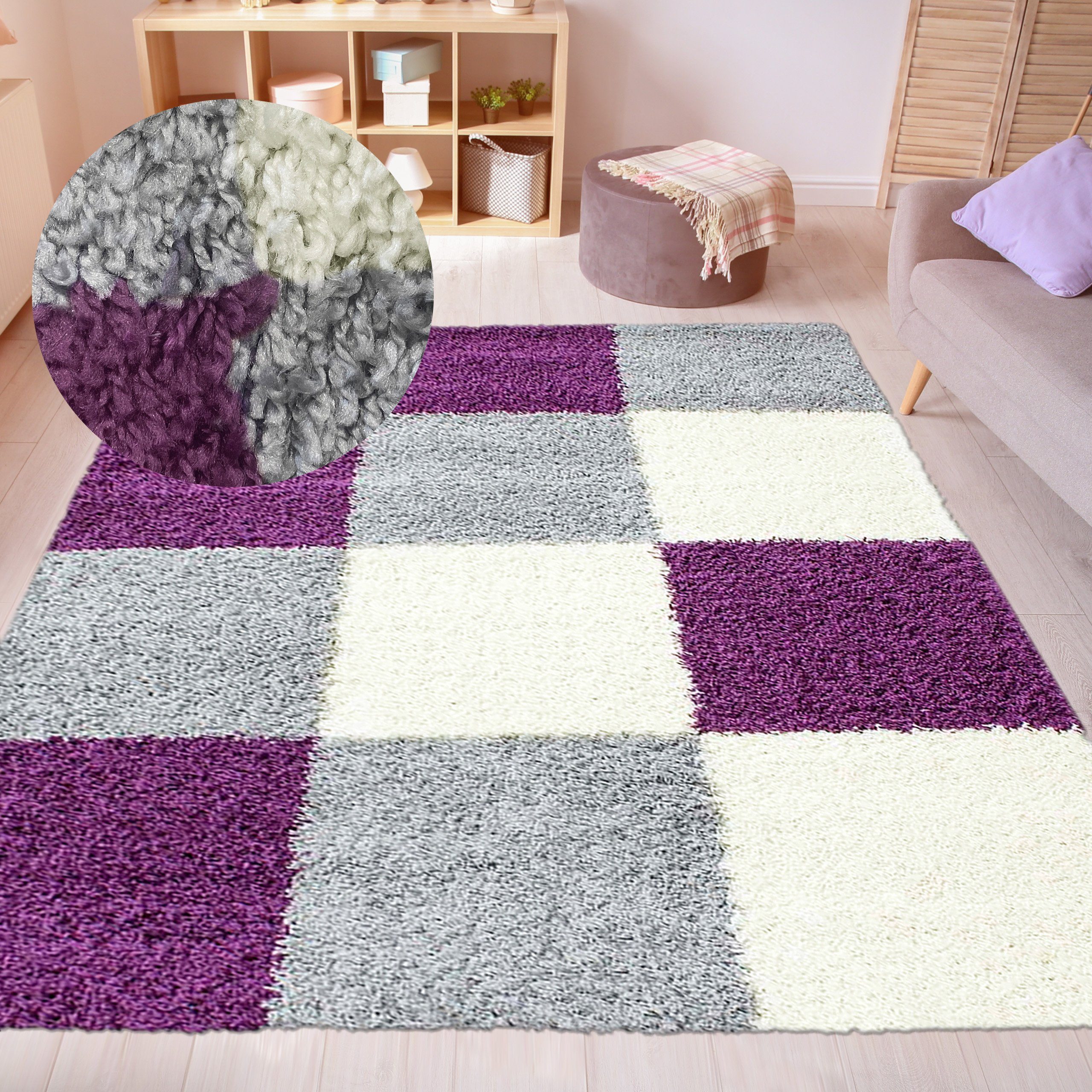 Carpetia Teppich Hochflor Shaggy Teppich Karomuster lila grau creme, rechte günstig online kaufen