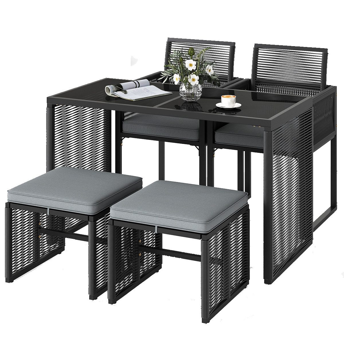 COSTWAY Garten-Essgruppe, (5-tlg), Rattan Gartenlounge Set, platzsparend, k günstig online kaufen