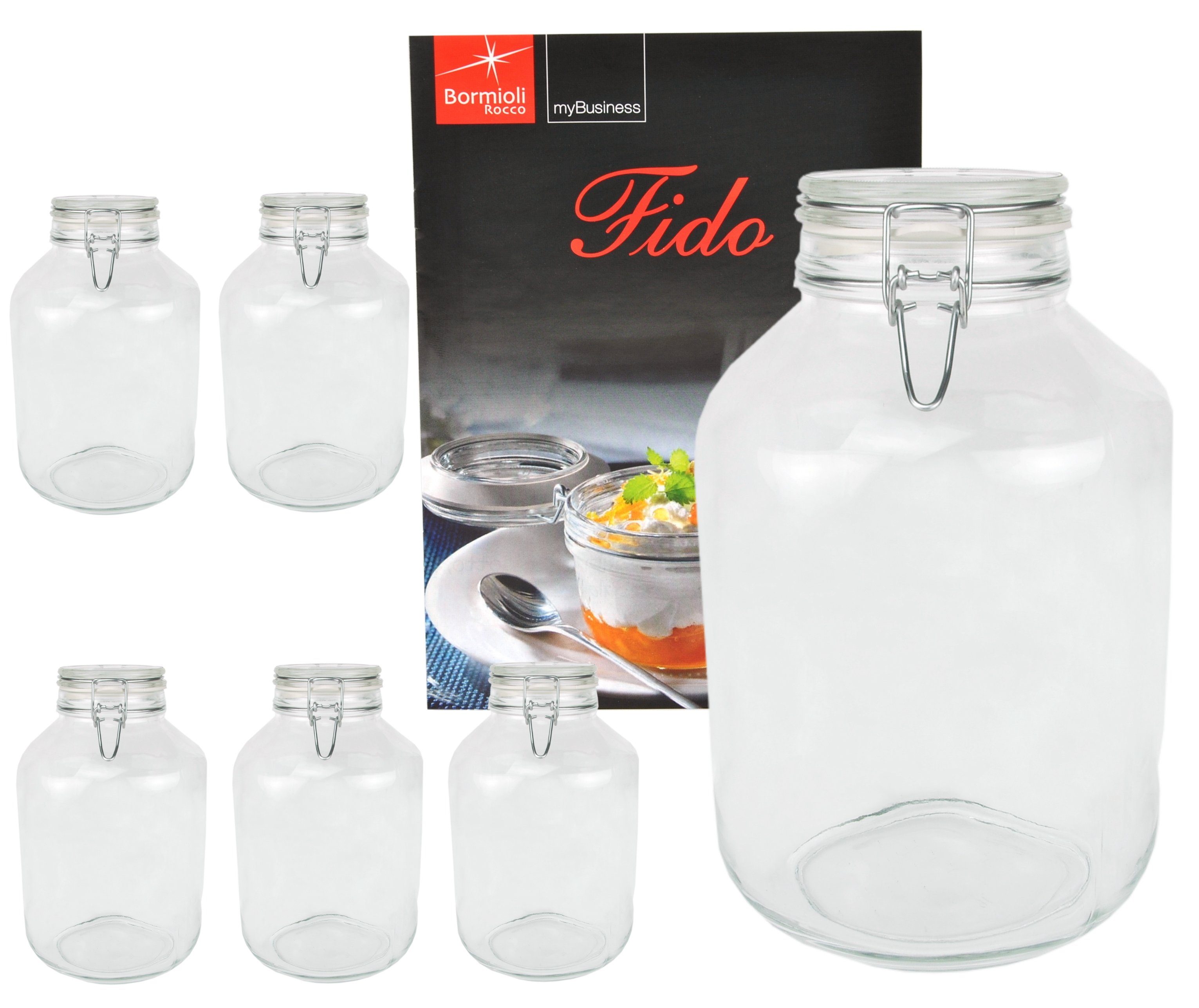 Bügelverschluss Fido MamboCat Rezeptheft, 5,0L Original Glas Einmachglas Set 6er Vorratsglas incl