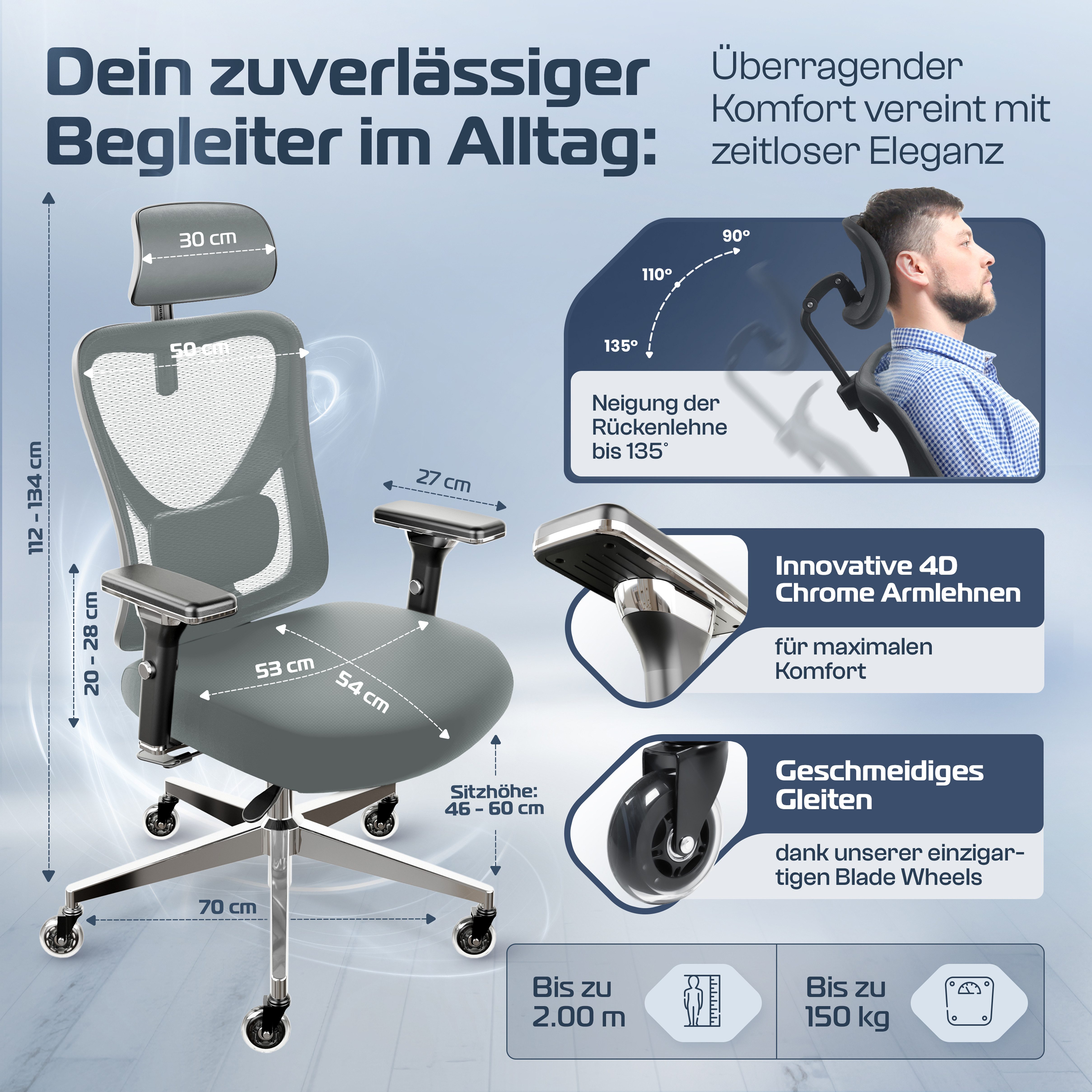 CLOUVOU Bürostuhl ergonomisch, Schreibtischstuhl bis 150 kg - Testsieger (C günstig online kaufen
