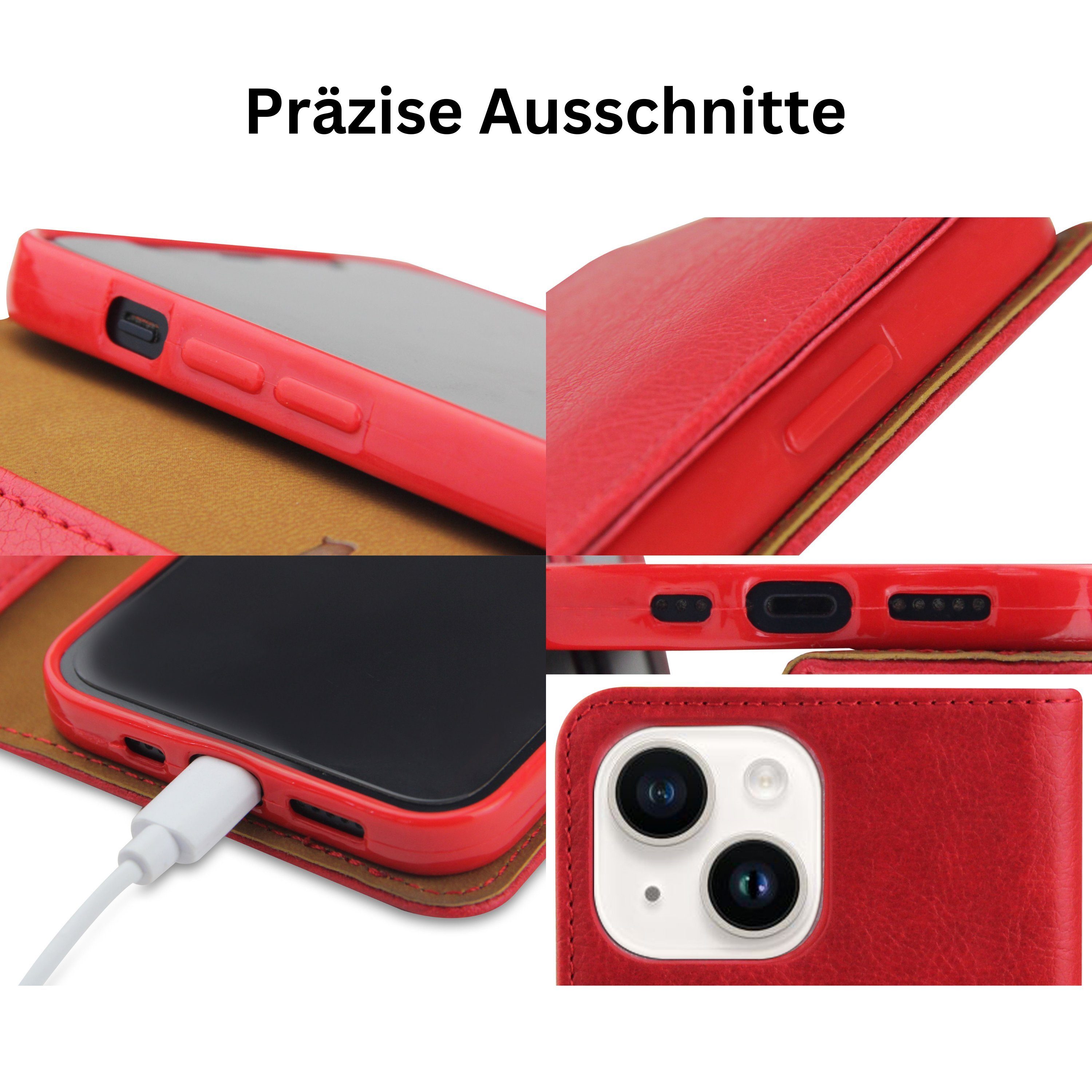 Frentree Handyhülle aus echtem Leder für iPhone 12, 13, 14, Magnetverschluss mit 4 Kartenfächern & 2 Sichtfenstern, Handy-Ständer