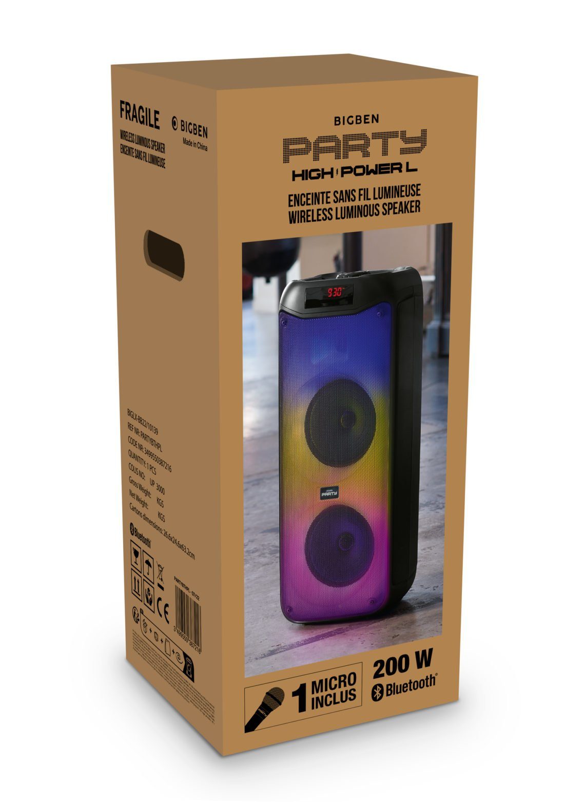 BigBen PARTY Box L kabellos, Disco W, Lautsprecher inkl. 15 RGB-Beleuchtung, mit Party-Lautsprecher AU387216 Party Mikro L portabler Licht Mikrofon), Box Bluetooth (Bluetooth