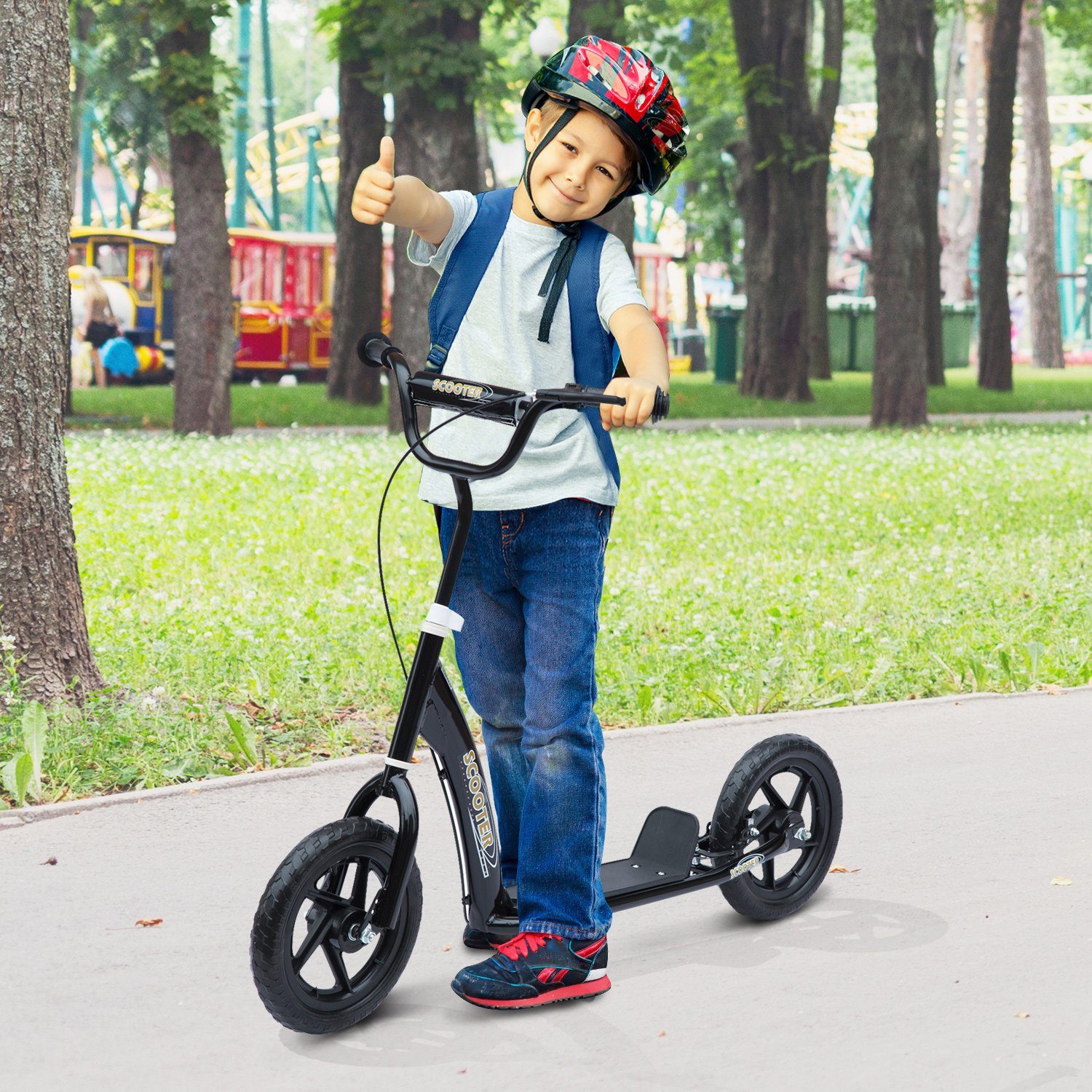 HOMCOM Cityroller Kickscooter mit Hinterbremse, Roller, Höhenverstellbar, 0 km/h, (Tretroller, 1 tlg., Kinderroller), für Außenbereich, Schwarz