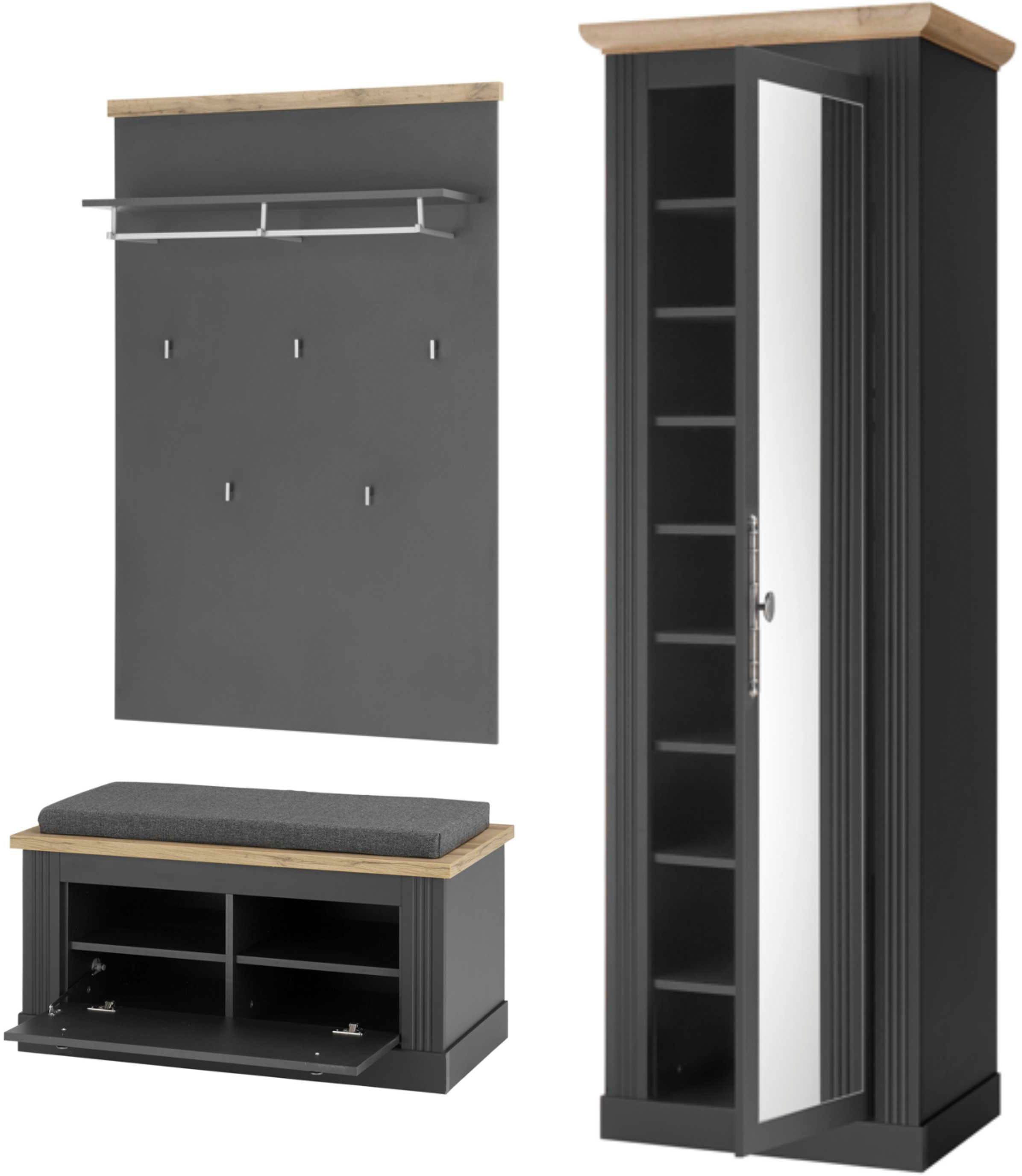 OTTO home Garderoben-Set Westminster, Garderobe im Landhausstil, Komplettset mit viel Stauraum, (3-St), enthält Schuhbank +Sitzkissen, Paneel & Garderobenschrank