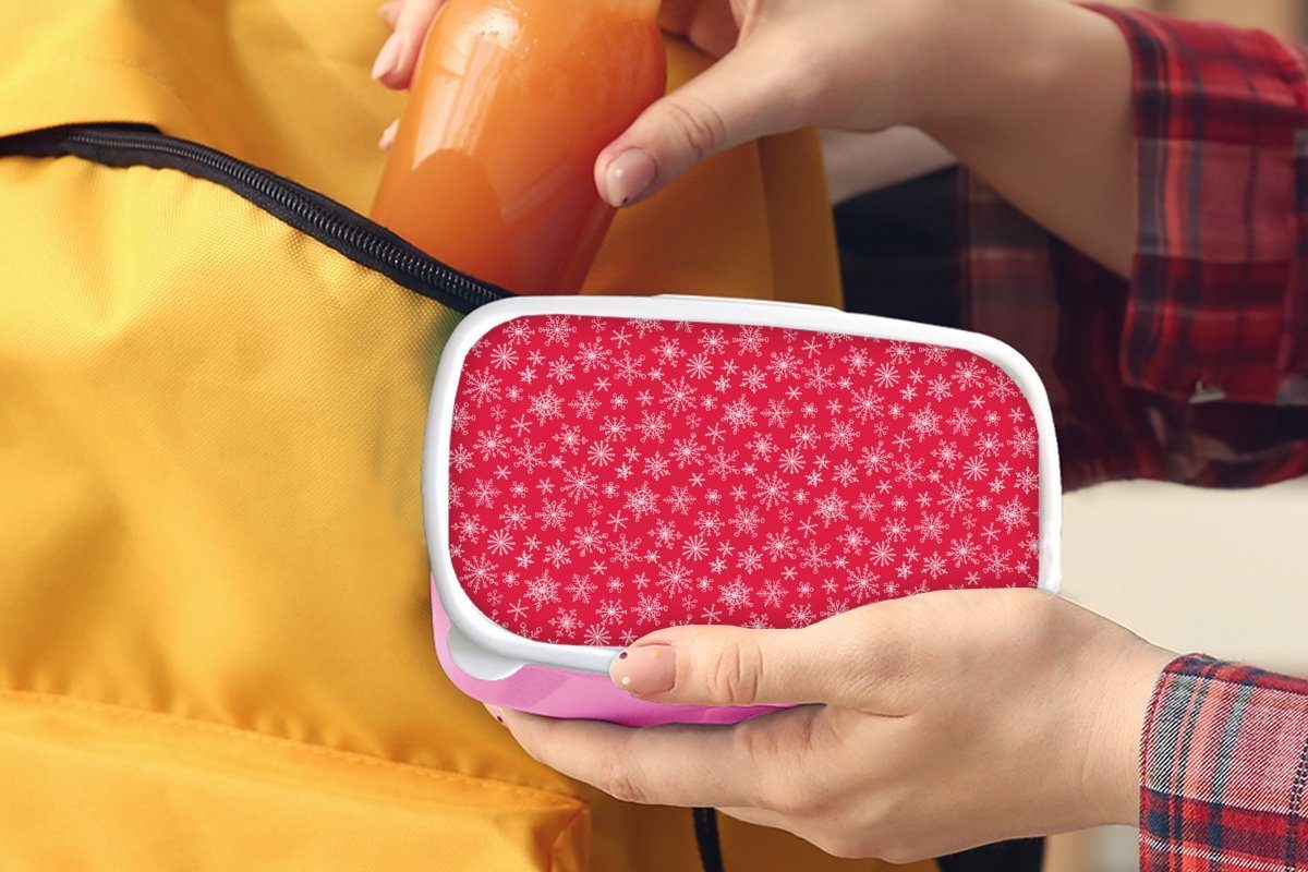 Kinder, Schneeflocke MuchoWow Weiß Lunchbox - - - Rot rosa Brotdose für Erwachsene, (2-tlg), Kunststoff, Kunststoff Snackbox, Mädchen, Design, Brotbox