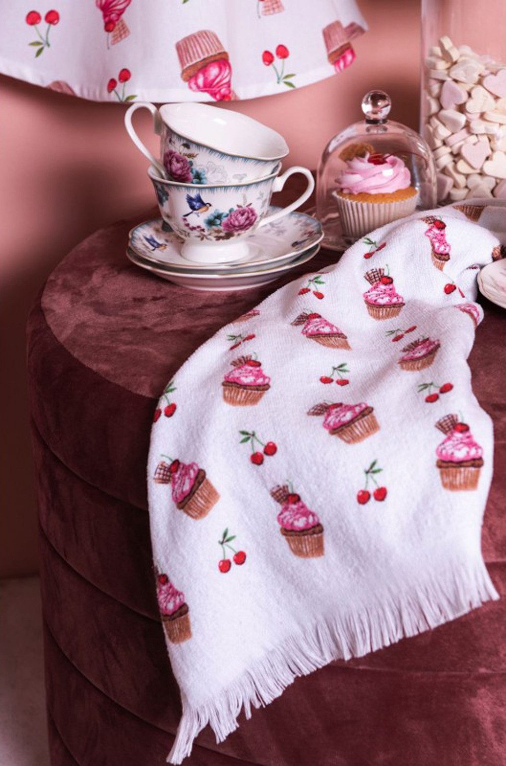 Clayre & Eef Geschirrtuch Cherry Cupcakes, (3-tlg., 3-teilig), Frottee Küchenhandtücher Gästehandtücher ca.40x66cm Baumwolle