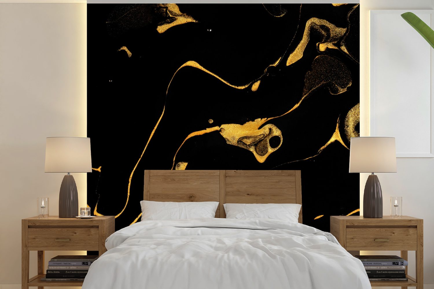 MuchoWow Fototapete Muster - Gold - Schwarz, Matt, bedruckt, (5 St), Vinyl Tapete für Wohnzimmer oder Schlafzimmer, Wandtapete