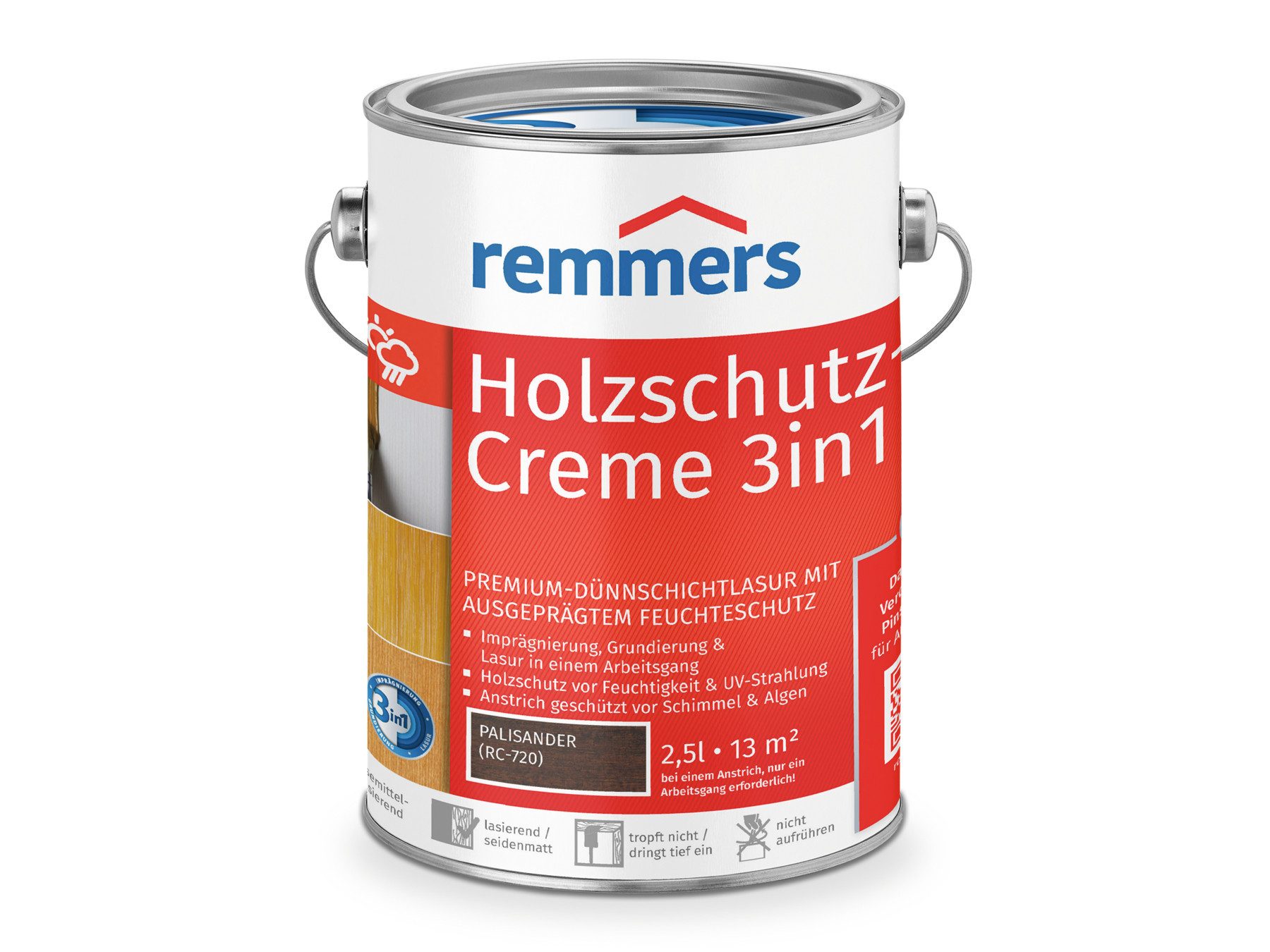 Remmers Holzschutzlasur Holzschutz-Creme 3in1 2,5 Liter, 3facher Holzschutz mit Imprägnierung + Grundierung + Lasur