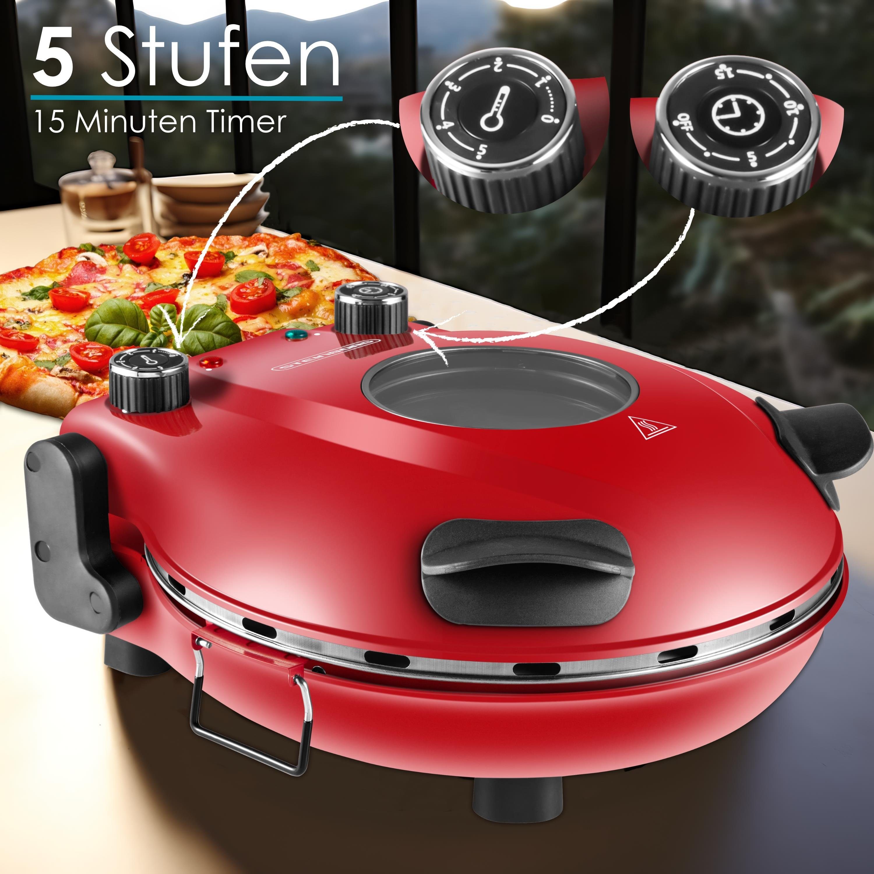 STEINBORG Pizzaofen SB-3140, 1200 Watt,32cm Schamottestein,15-Minuten Timer,Großes Sichtfenster