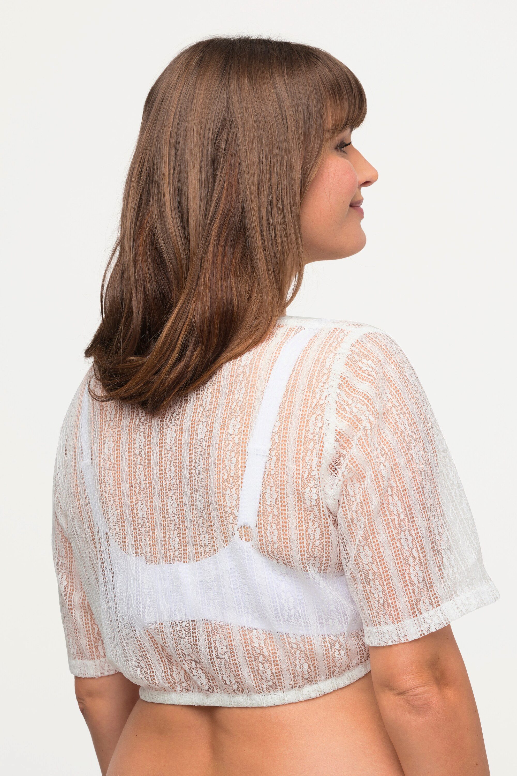 Ulla Popken Longbluse Dirndlbluse Spitze V-Ausschnitt Elastiksaum