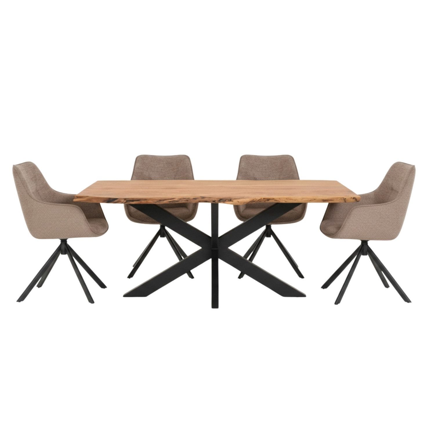 MR.DEKO Esszimmer-Set Essgruppe San Carlo beige & Tisch Catania 160x90 cm Cross, (5-St., 5-teiliges Esszimmer-Set mit Polstersesseln & Holztisch), Drehbare Komfortsessel in Braun & Esstisch mit Baumkante aus Akazie