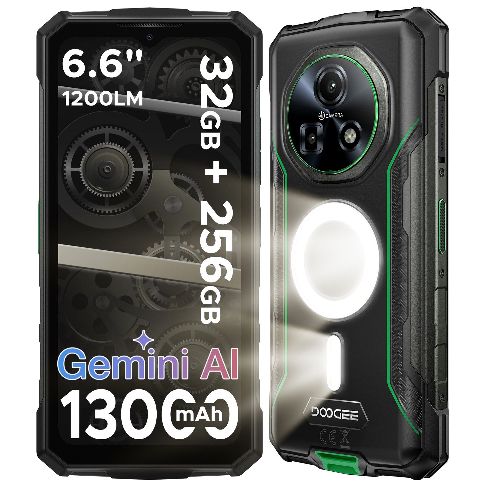 DOOGEE Fire 5 Ultra Outdoor Handy, 256GB ROM, 13000mAh, 1200LM Dual Smartphone (16,7 cm/6.6 Zoll, 256 GB Speicherplatz, 48 MP Kamera, 6.6" HD+90Hz, 48MP Kamera, 8GB RAM, Android 15, AI, NFC, GPS)
