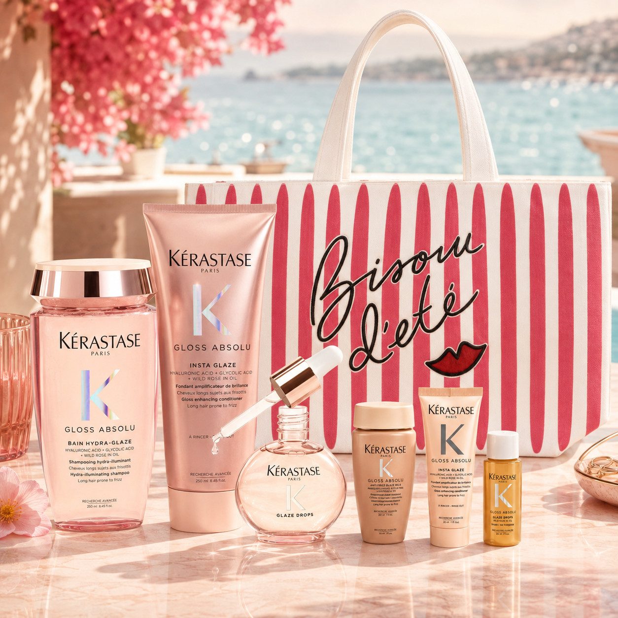 Kérastase Haarpflege-Set Gloss Absolu Summer Luxury Set, 7-tlg., Glanzpflege & Anti-Frizz mit exklusiver Strandtasche