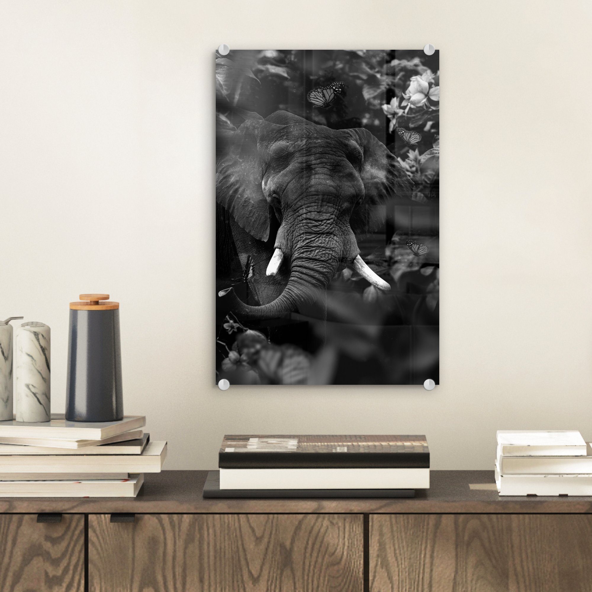 MuchoWow Acrylglasbild und schwarz bunt St), - - - und (1 Dschungel - Schmetterlinge auf weiß, Wanddekoration Elefant Wandbild Bilder Foto auf Glasbilder im Glas Glas