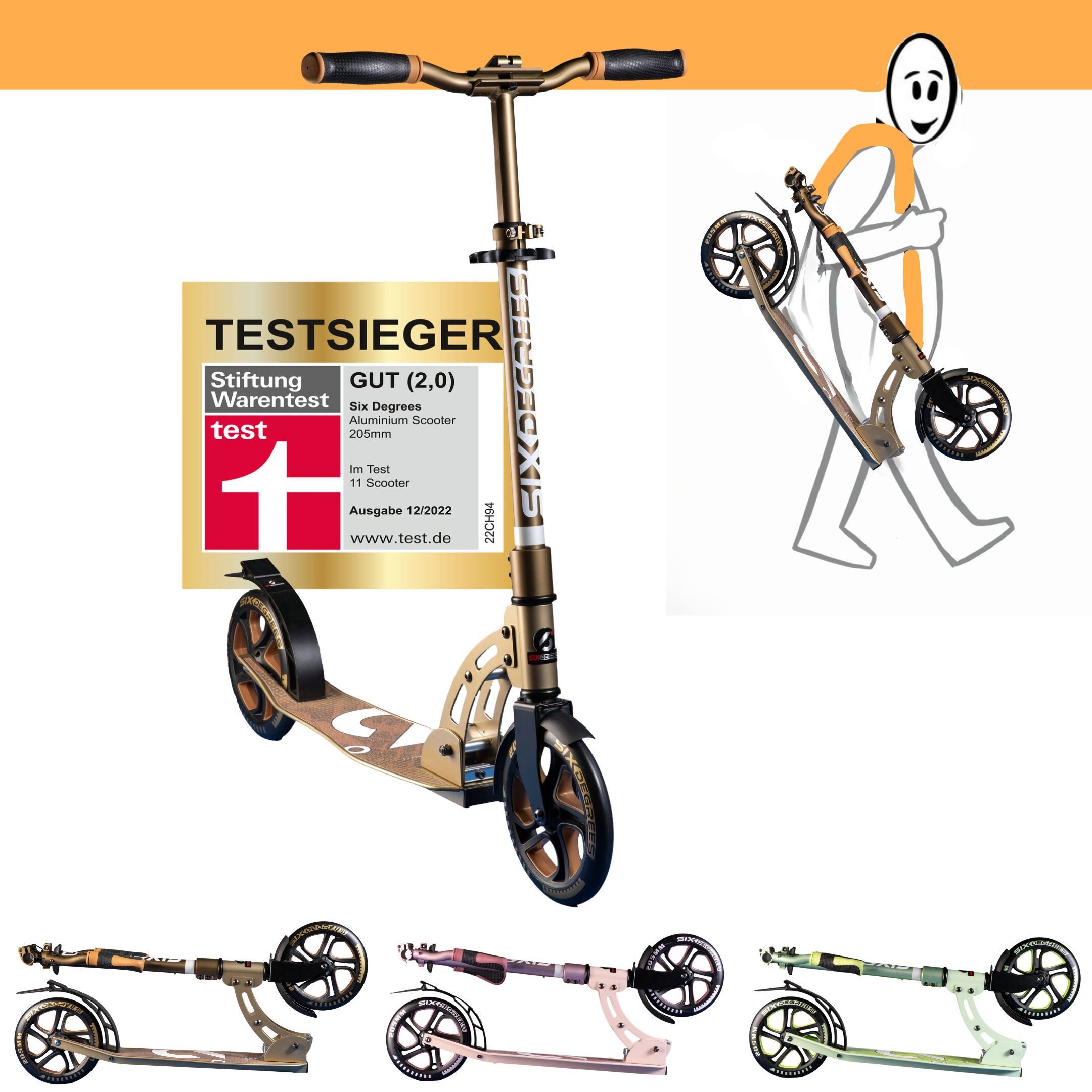 SIX DEGREES Cityroller aus Aluminium TESTSIEGER, Klappmechanismus, Ständer 205 mm PRIME, TESTSIEGER Stiftung Warentest