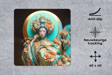 MuchoWow Gaming Mauspad Frau - Kimono - Blumen - Gold - Porträt (1-St), Mousepad mit Rutschfester Unterseite, Gaming, 40x40 cm, XXL, Großes
