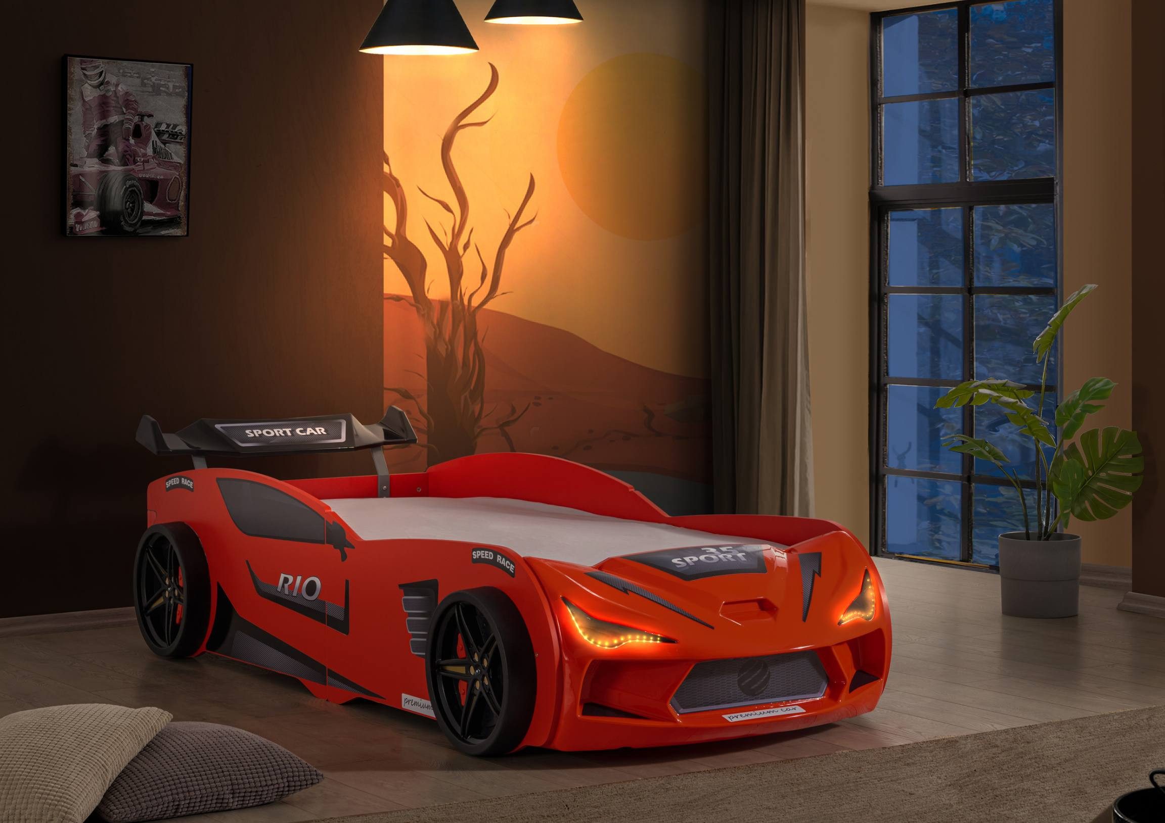 Aileenstore Autobett Rio II, Kinderbett 90 x 200 cm, inkl. Lattenrost, Heckspoiler LED-Beleuchtung