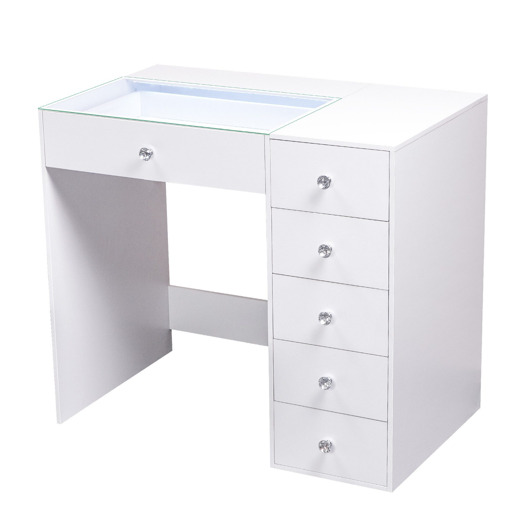 FENCHILIN Schminktisch mit Beleuchtung 6 Schubladen weiß 92x55x81cm (1-St), Kosmetiktisch mit Glasabdeckung und Kristallgriffen für Schlafzimmer – Bild 3 von 5