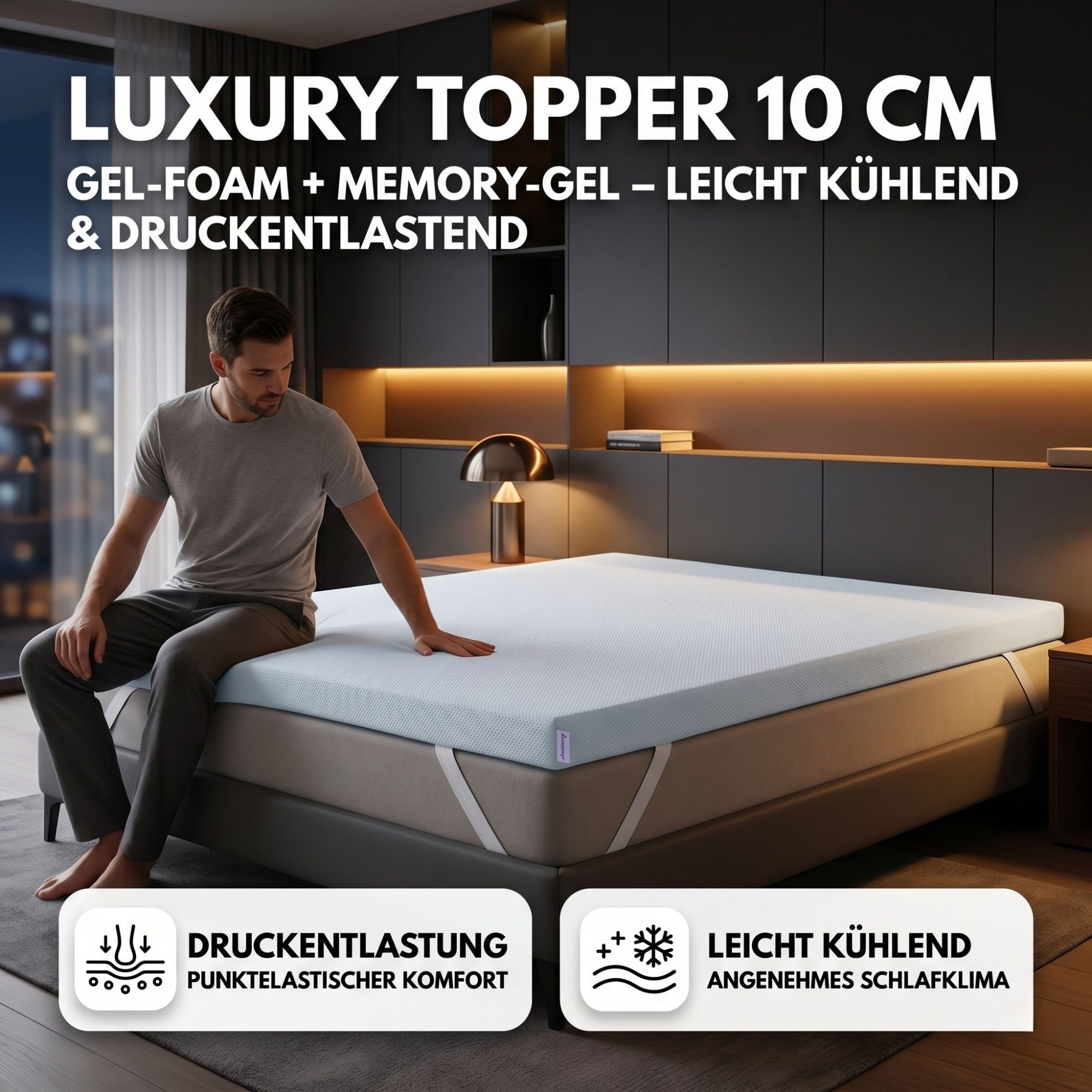 Arensberger, Topper LUXURY Matratzentopper, Gelschaum, 10 cm, für alle Matratzen, 10 cm hoch, Gel Foam, (160 x 200 cm, 160x200cm), kühlend, waschbarer Bezug, rutschfest, 90x200 140x200 & mehr