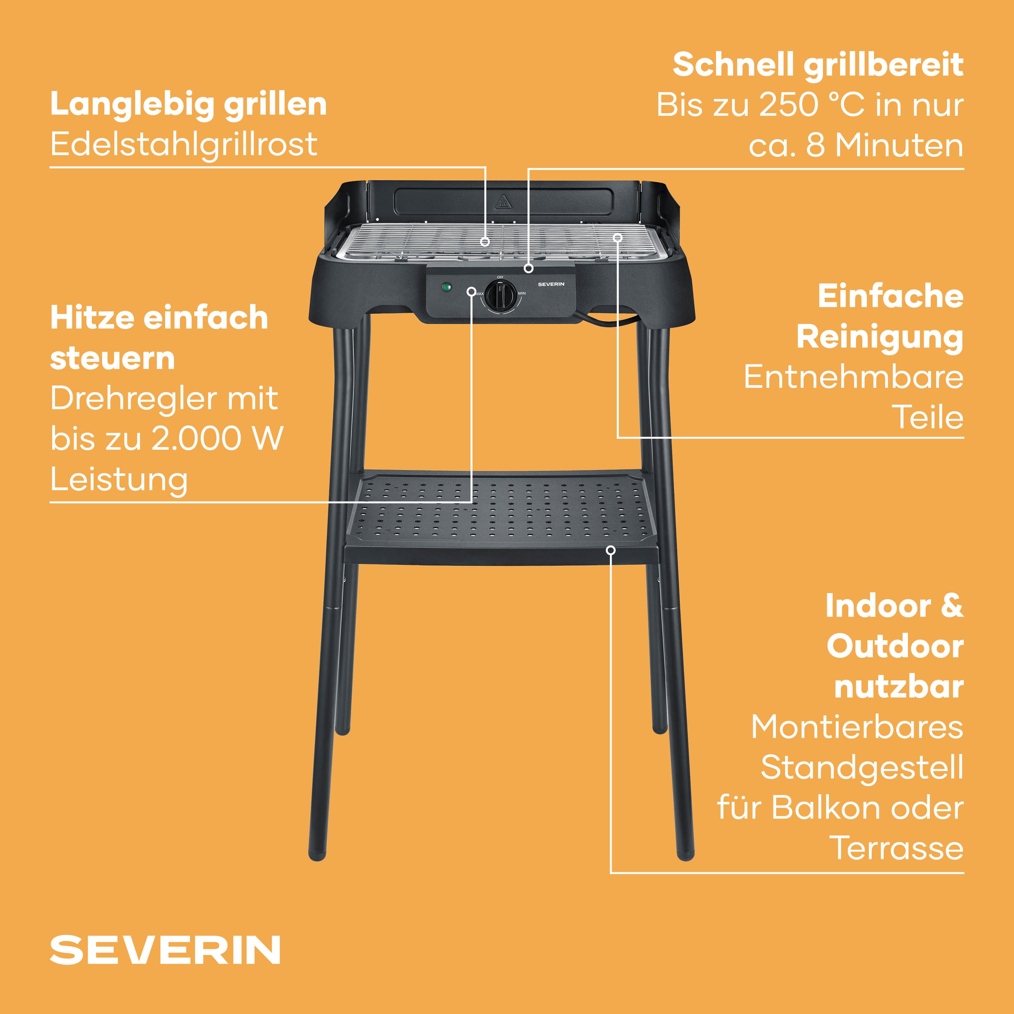 Severin Elektrogrill PG 8594, 2000 W, 35-200°C, 38x22cm, Auffangschale, Edelstahl-Grillrost, Balkongrill