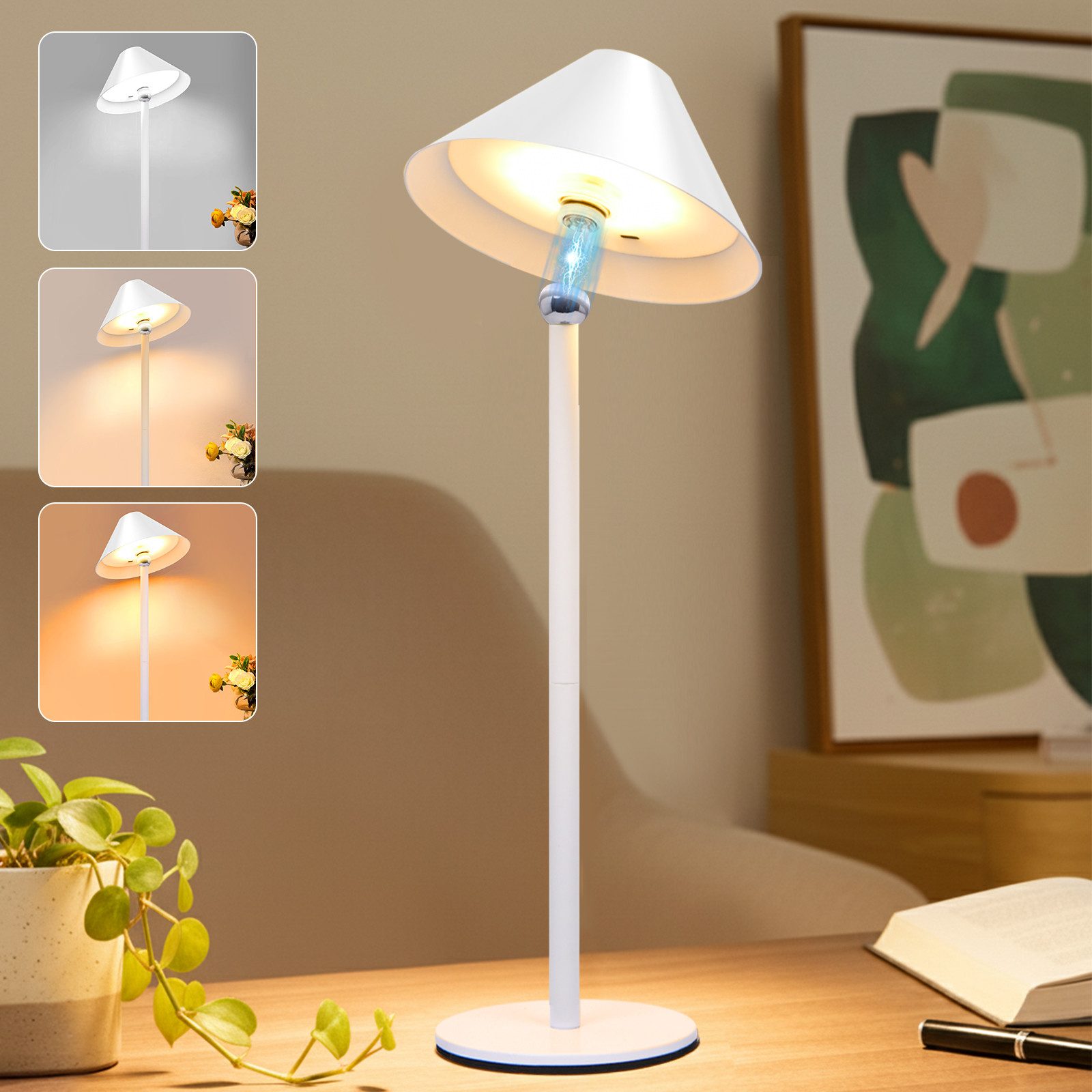 Lapalife Nachttischlampe LED Dimmbar Tischlampe Kabellos, Akku Tischleuchte, 3 Farbtemperaturen, Mit Touch Control für Indoor Nachttisch Terrasse Restaurant