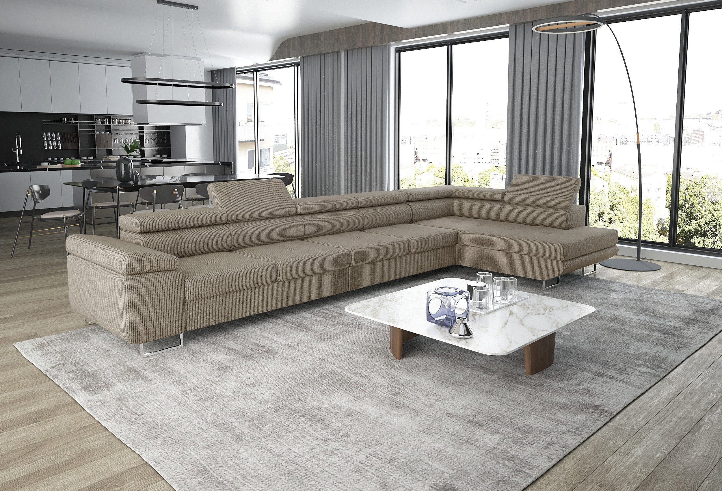 thematys Ecksofa ASTON MAXI 405 x 203cm mit Schlaffunktion & Bettkasten –, L-Sofa mit 5 verstellbaren Kopfstützen, Samt (Monolith), Cord (Poso) - L-Form, XL-Wohnlandschaft, 405 cm breit