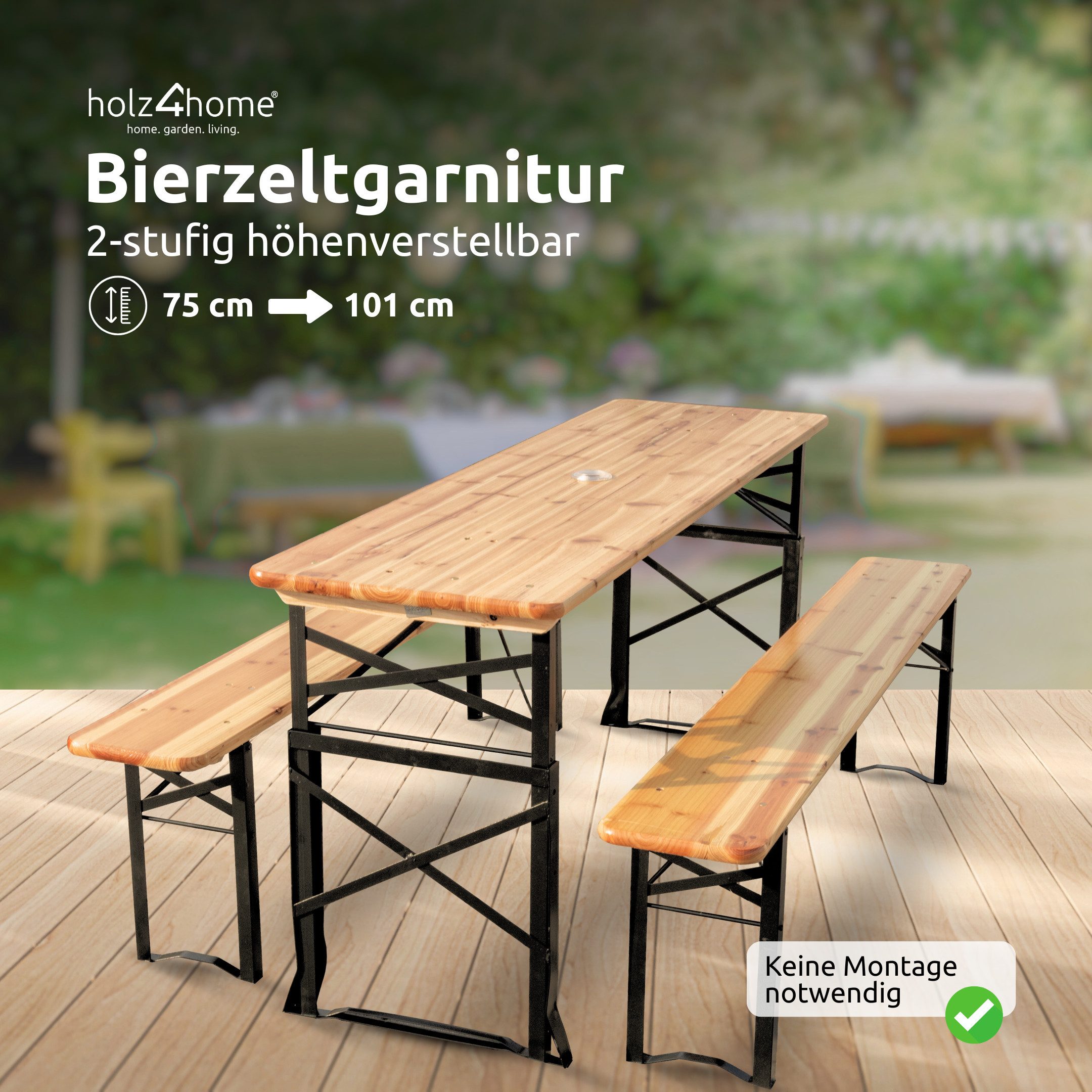 holz4home® Bierzeltgarnitur 3-teilig I Festzeltgarnitur aus Holz und Metall, Klappbar