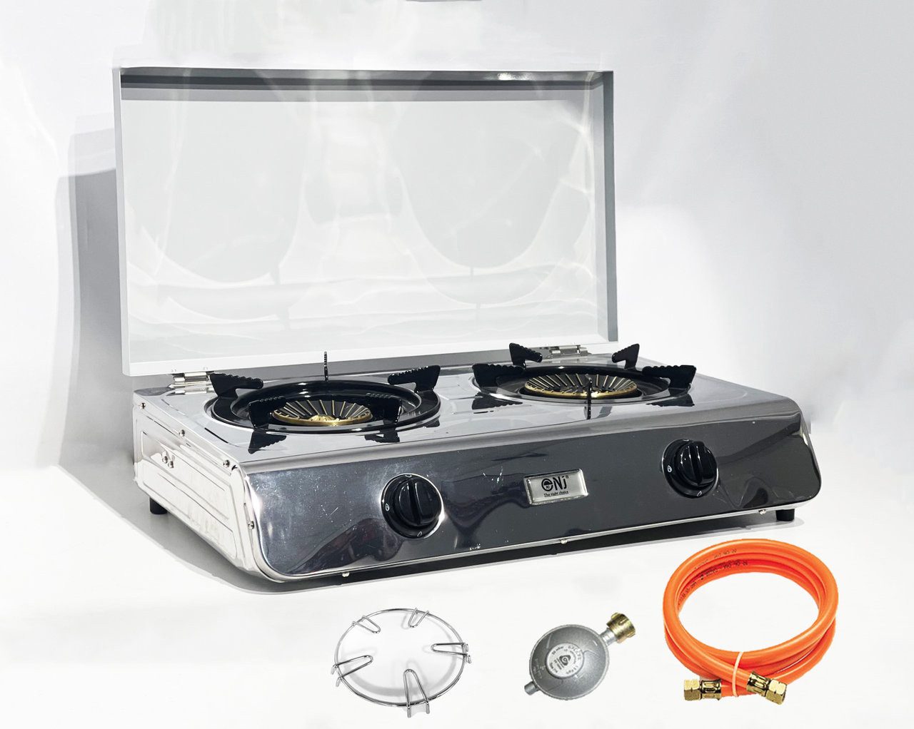NJ The right choice Gaskocher NJ-60SDC, Edelstahl Camping Gaskocher 2 flammig 7,7KW mit Deckel, Zündsicherung