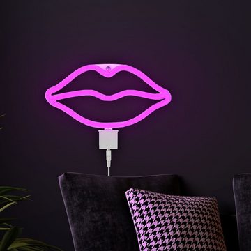 etc-shop Dekolicht, LED-Leuchtmittel fest verbaut, Wandlampe Tischlampe Kussmund Neonschild pink LED Dekolampe 2er Set