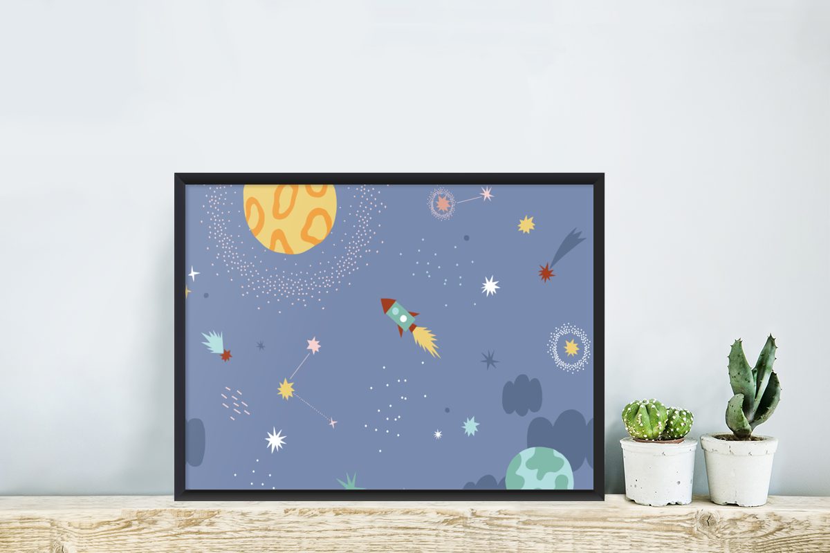 Wanddeko, Sterne, Gerahmtes - - Wandposter, Weltraum Schwarzem Poster Kinderzimmer Bilder, St), (1 Poster, MuchoWow Bilderrahmen