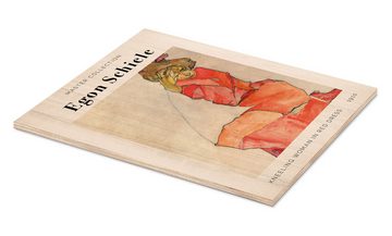 Posterlounge Holzbild Egon Schiele, Kneeling Woman in Red Dress, 1910, Wohnzimmer Malerei