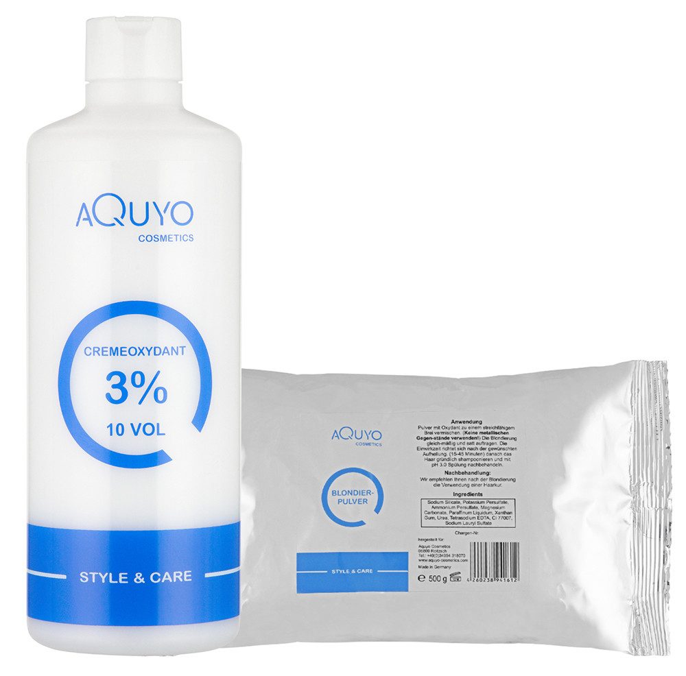 AQUYO Cosmetics Haarfarbe Style & Care Blondierpulver 500g + Creme Oxydant Entwickler 3%, Set