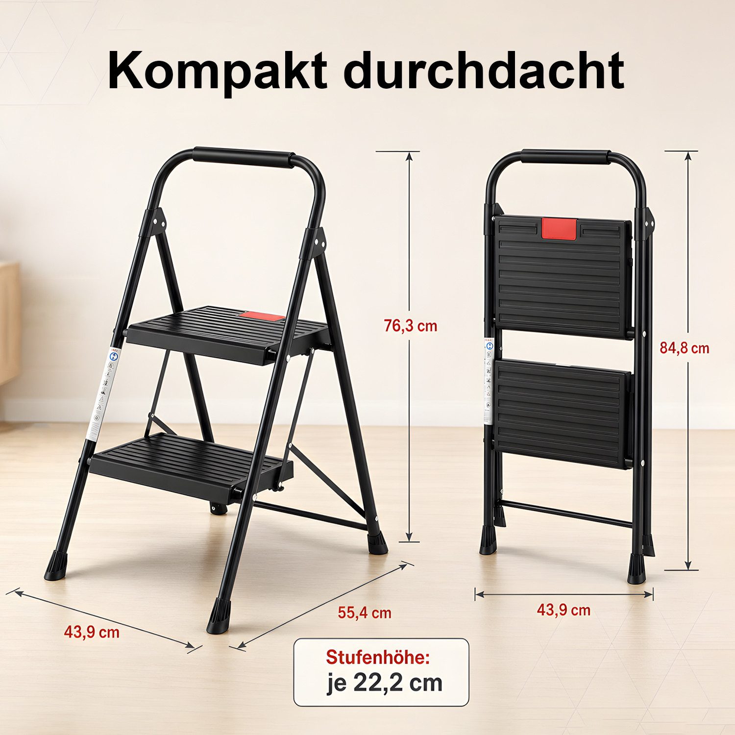 Refined Living Trittleiter 2/3 Stufen klappbar Trittleiter, Klapptritt für Zuhause bis 150 kg (Multifunktionsleiter mit breitem Anti-Rutsch-Pedal und Klappsicherung, stabile Anti-Rutsch-Leiter mit Handlauf kompakte & leichte Klappleiter), Sicherheitsleiter Stufen Leiter für Küche & Büro, Bibliothek, Garten