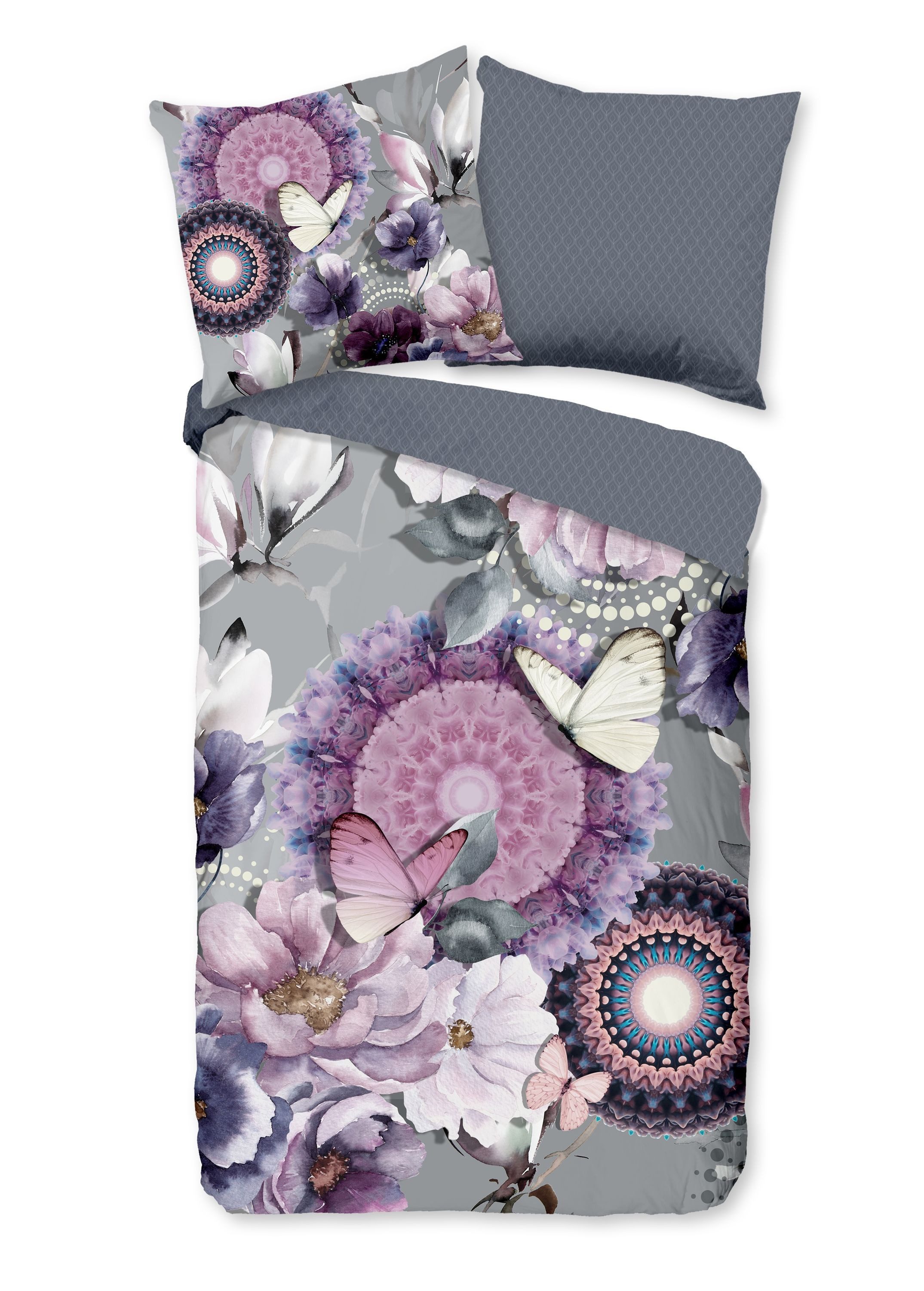 hip Bettwäsche Baumwolle, Renforcé, 2 teilig, lila Mandalas mit Blumen und Schmetterlingen, grau
