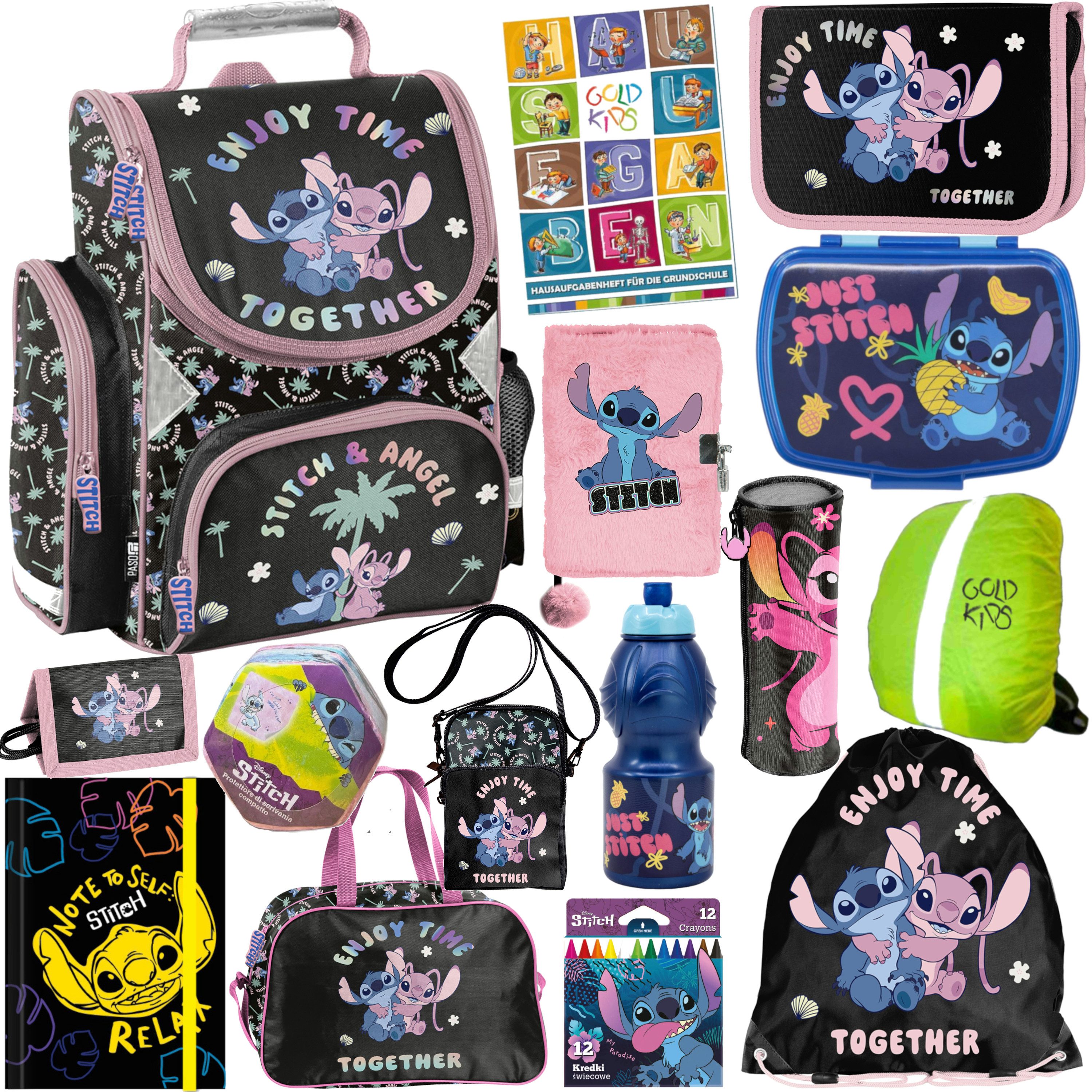 GOLDKIDS Schulranzen für Jungen und Mädchen, 15er-Set - (Schul-Rucksack für Kinder mit Federmäppchen -, 1-tlg., Schuhbeutel Trinkflasche und Brotdose), - Stitch Motiv- 1-3 Klasse