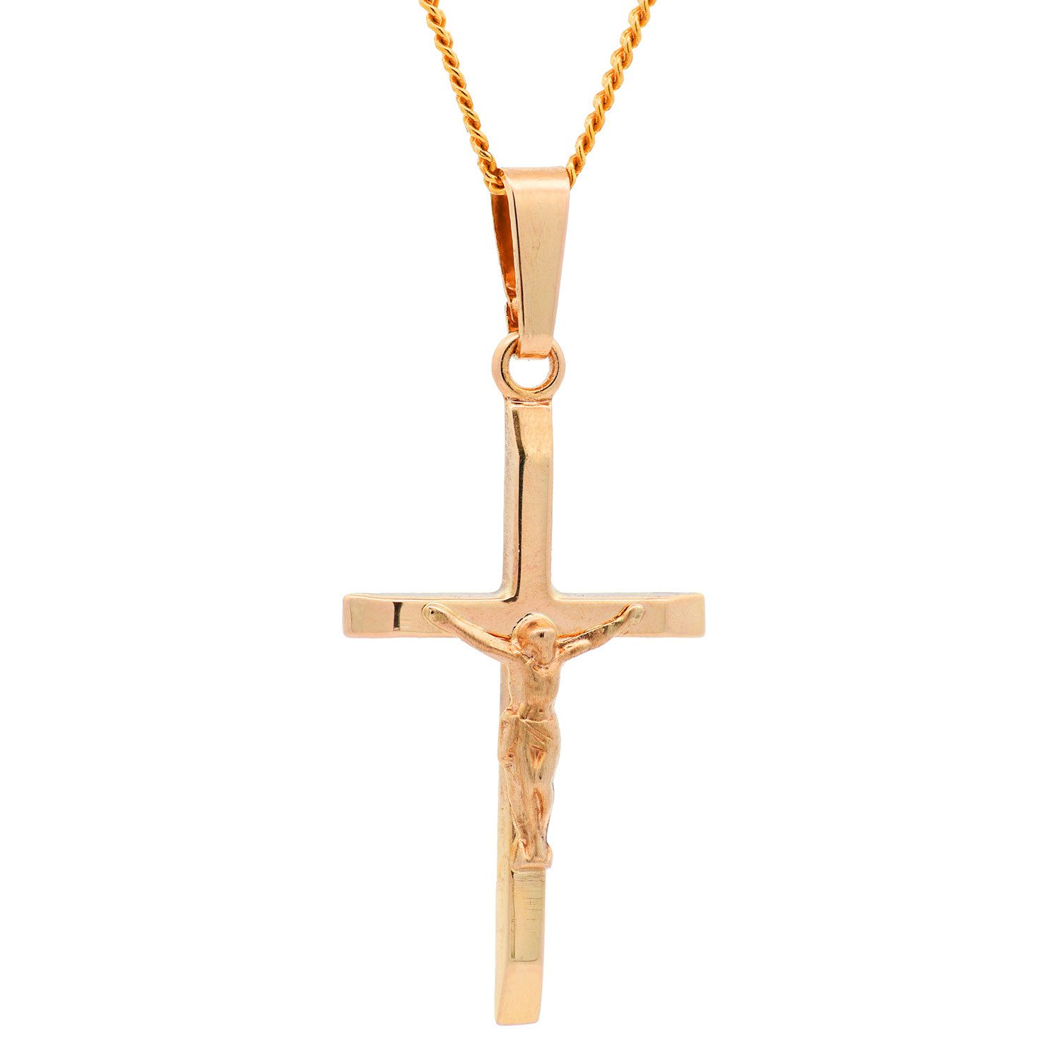 HOPLO Kreuzanhänger Anhänger Kreuz Korpus 585 Gold mit vergoldeter Silberkette 36 cm, Made in Germany