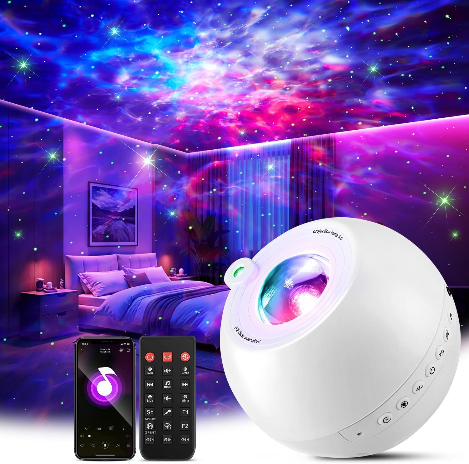 Vivitar LED-Sternenhimmel Projektor mit 15 Farben 15 Schlafliedern Geräuschen, 3 Projektionsmodi, Geschenk für Kinder, Mädchen, Frauen, mit Bluetooth, Fernbedienung, Nachtlicht für Kinder Schlafzimmer, LED-Sternenprojektor für Decken und Wände, Galaxie-Licht, Nebelprojektor, Stimmungslicht, Luxuriöse Steuerung per Funk-Fernbedienung, Dekorationslampe
