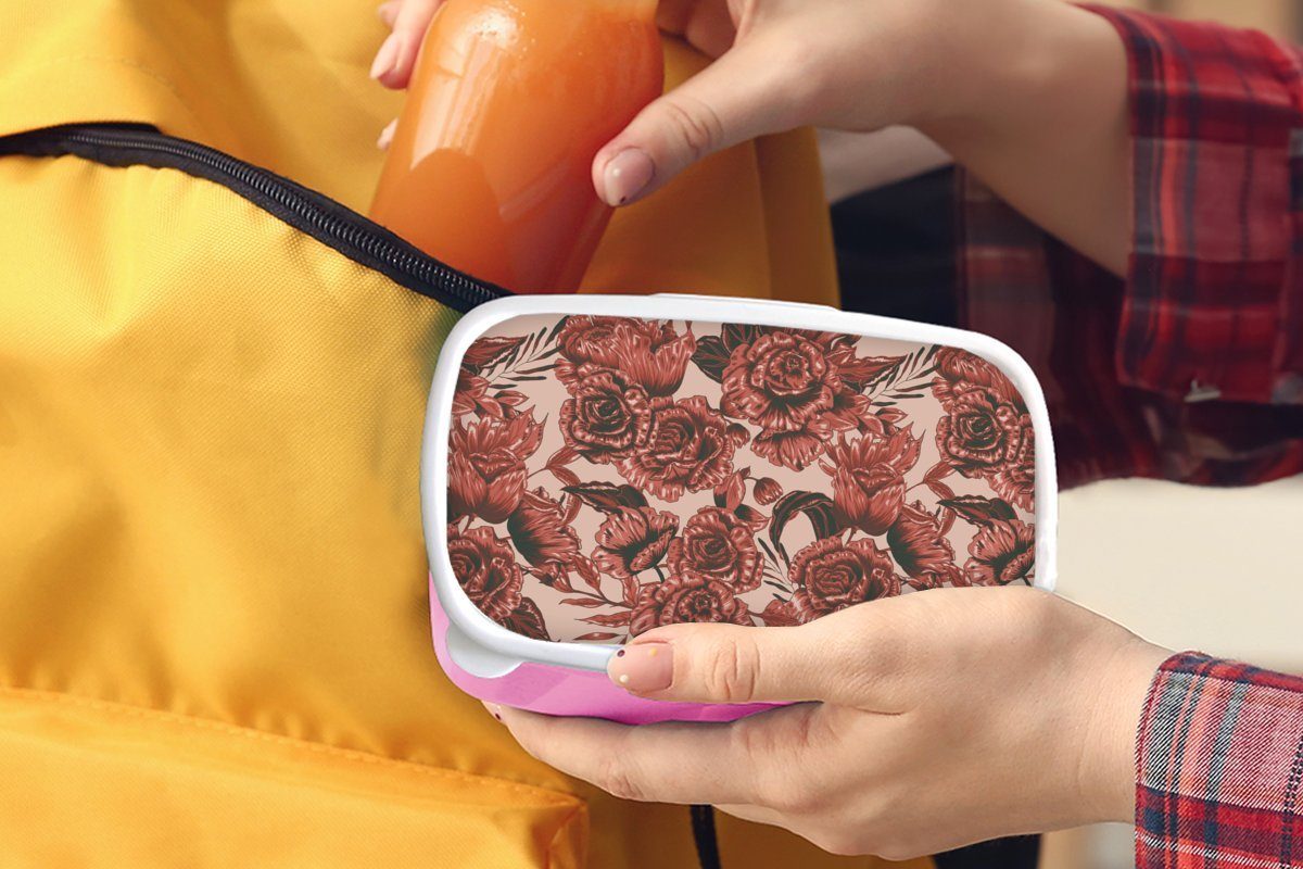 MuchoWow Lunchbox Kunststoff, (2-tlg), Kunststoff Erwachsene, rosa Muster Blumen, - für - Kinder, Mädchen, Brotbox Brotdose Snackbox, Rose