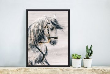 MuchoWow Poster Pferd - Gold - Halfter, (1 St), Gerahmtes Poster, Wanddeko, Bilder, Wandposter, Schwarzem Bilderrahmen