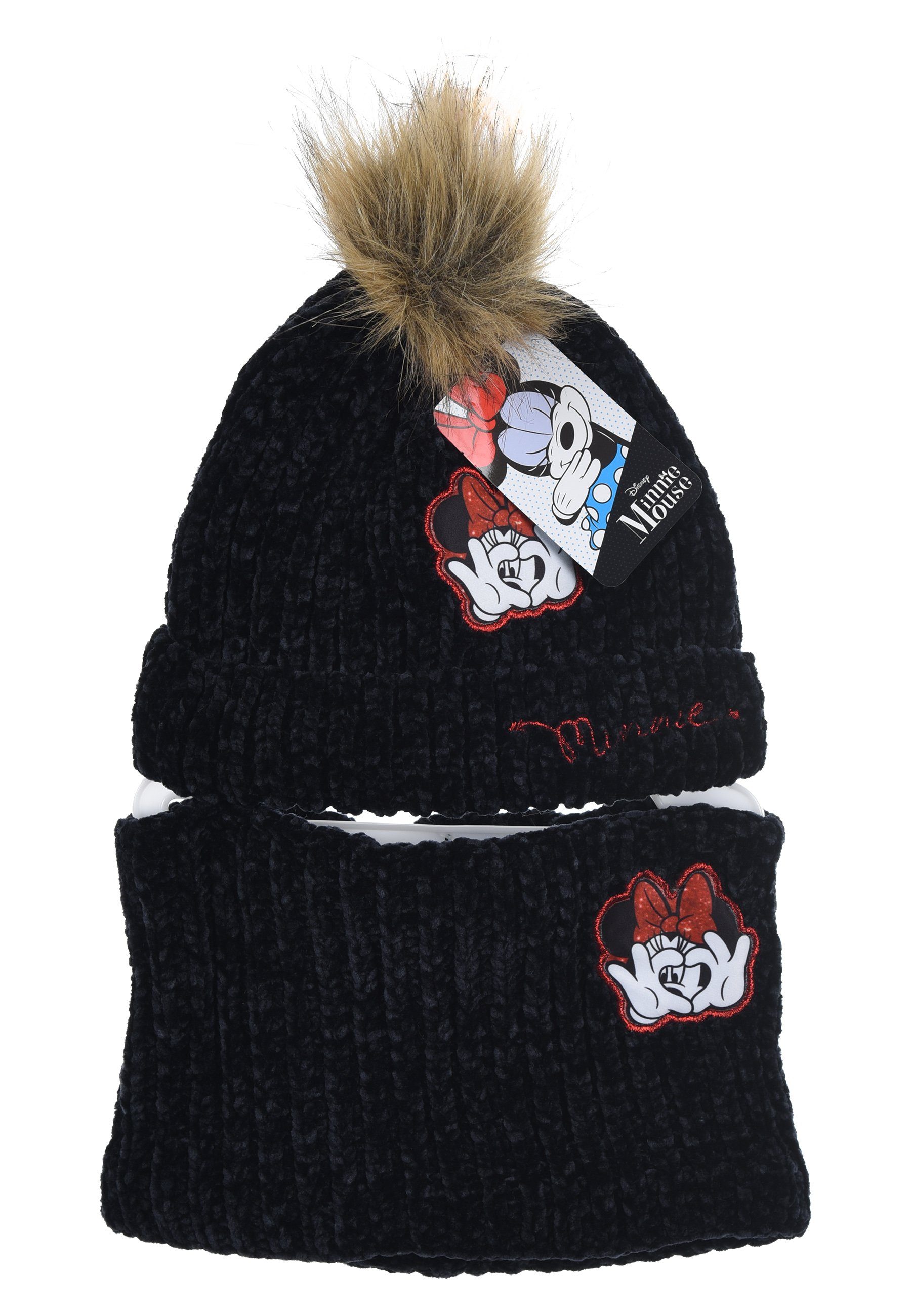Disney Minnie Mouse Bommelmütze Mädchen Kinder Winter-Set 2 tlg. Mütze & Schlauchschal (SET)