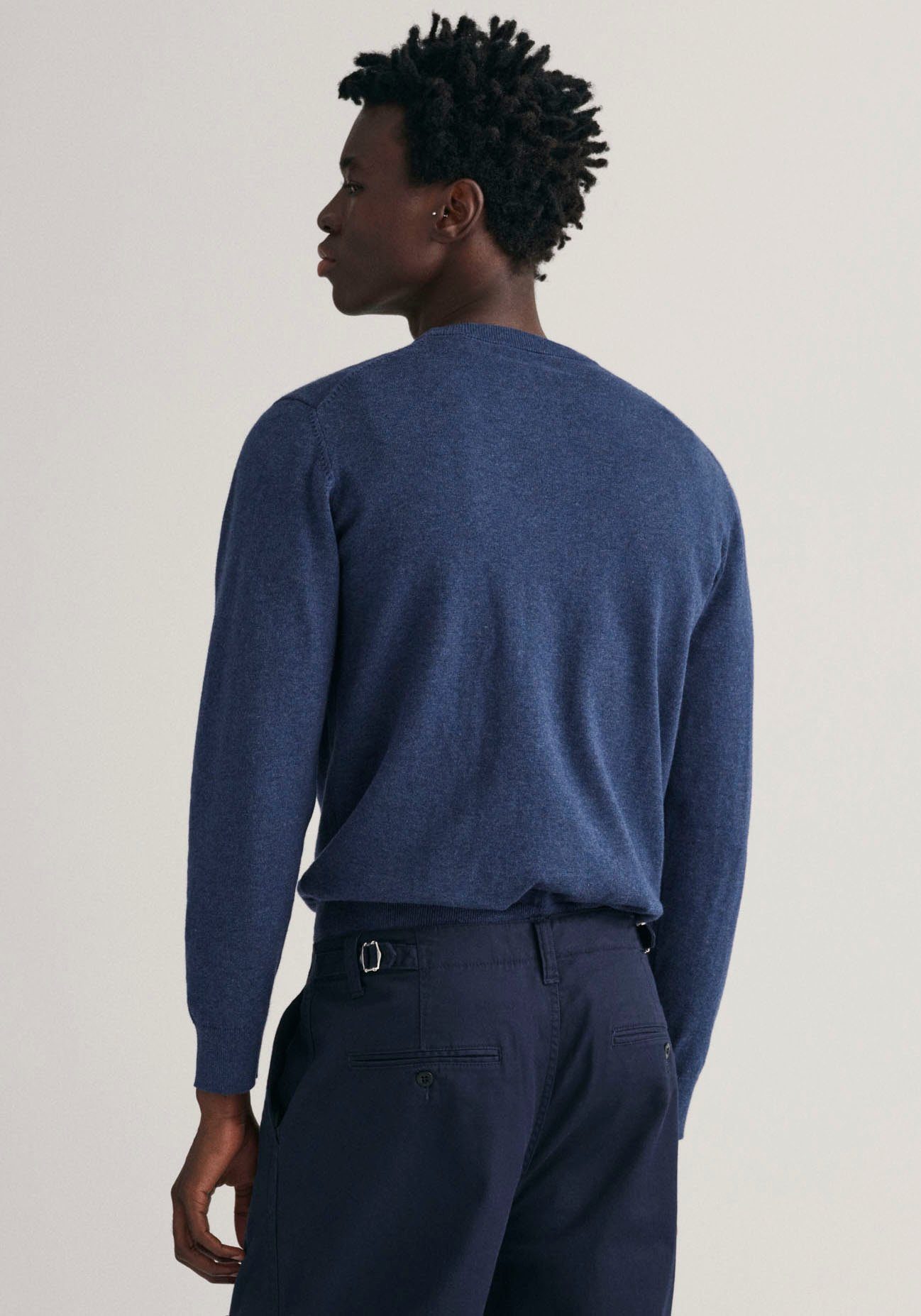 Cotton Premium C-Neck melange dark Übergangspullover Classic jeansblue 100% Strickpullver Baumwolle, Rundhalspullover aus Gant weicher