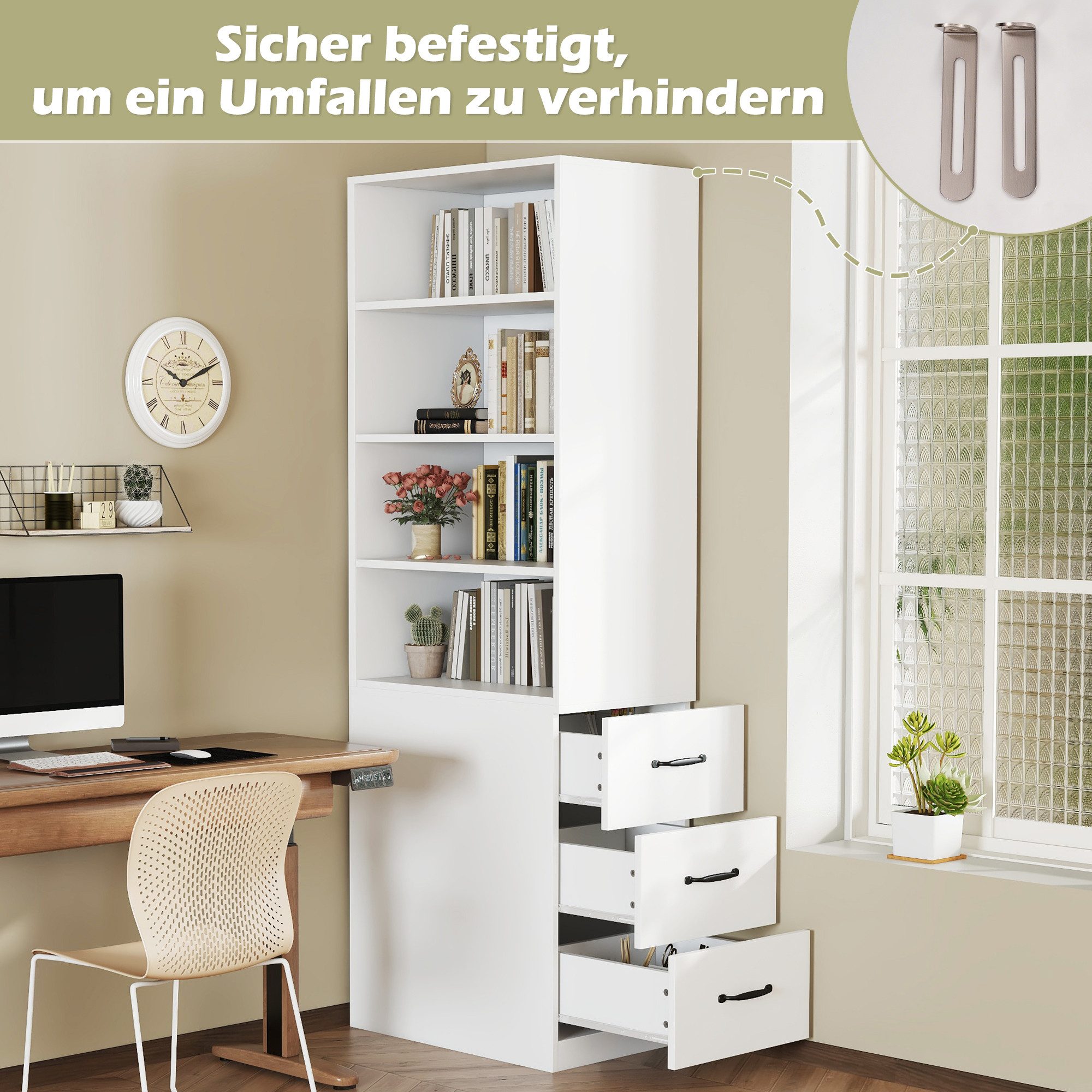 Flieks Bücherregal mit seitlichen Schubladen, links und rechts austauschbar, B60/T38/H180 cm 1-tlg., Hochschrank mit verstellbaren Einlegeböden Wohnzimmerschran – Bild 5 von 5