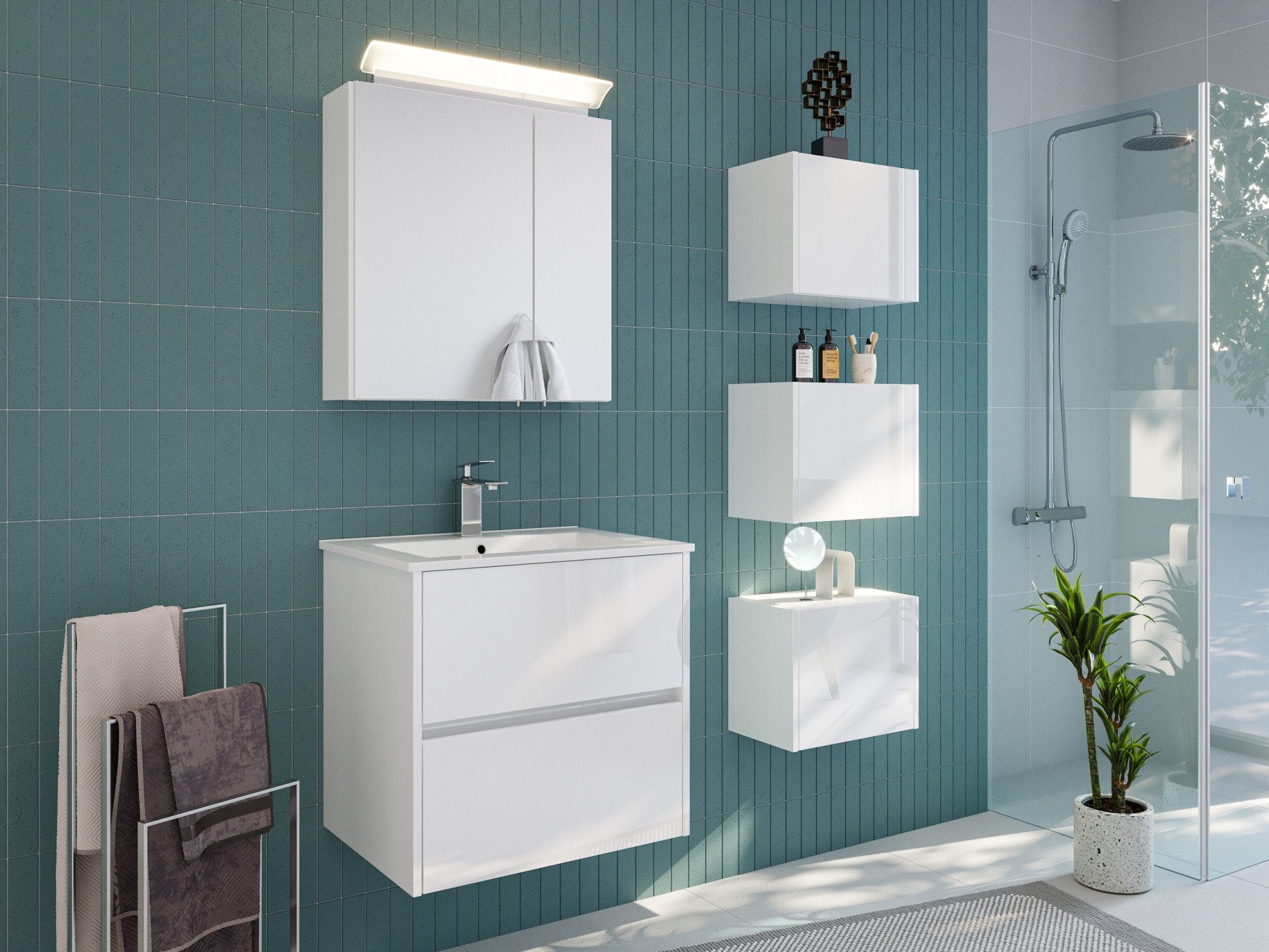Magnolia Home Badmöbel-Set Badmöbelset Taifun 60cm 3tlg mit Spiegelschrank & 3er Boxen Set weiß H