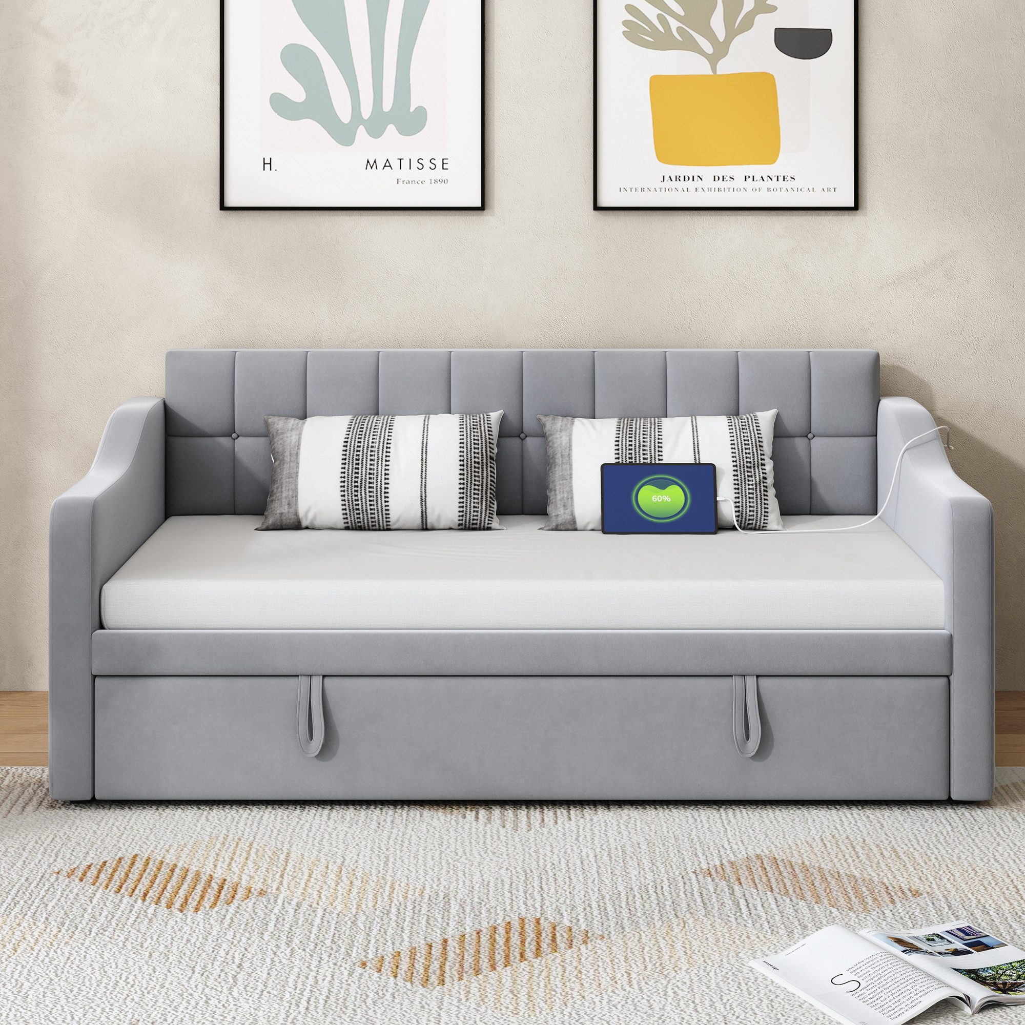 Flieks Daybett, Polsterbett Schlafsofa 90/180x190cm mit Ausziehbett und Steckdose