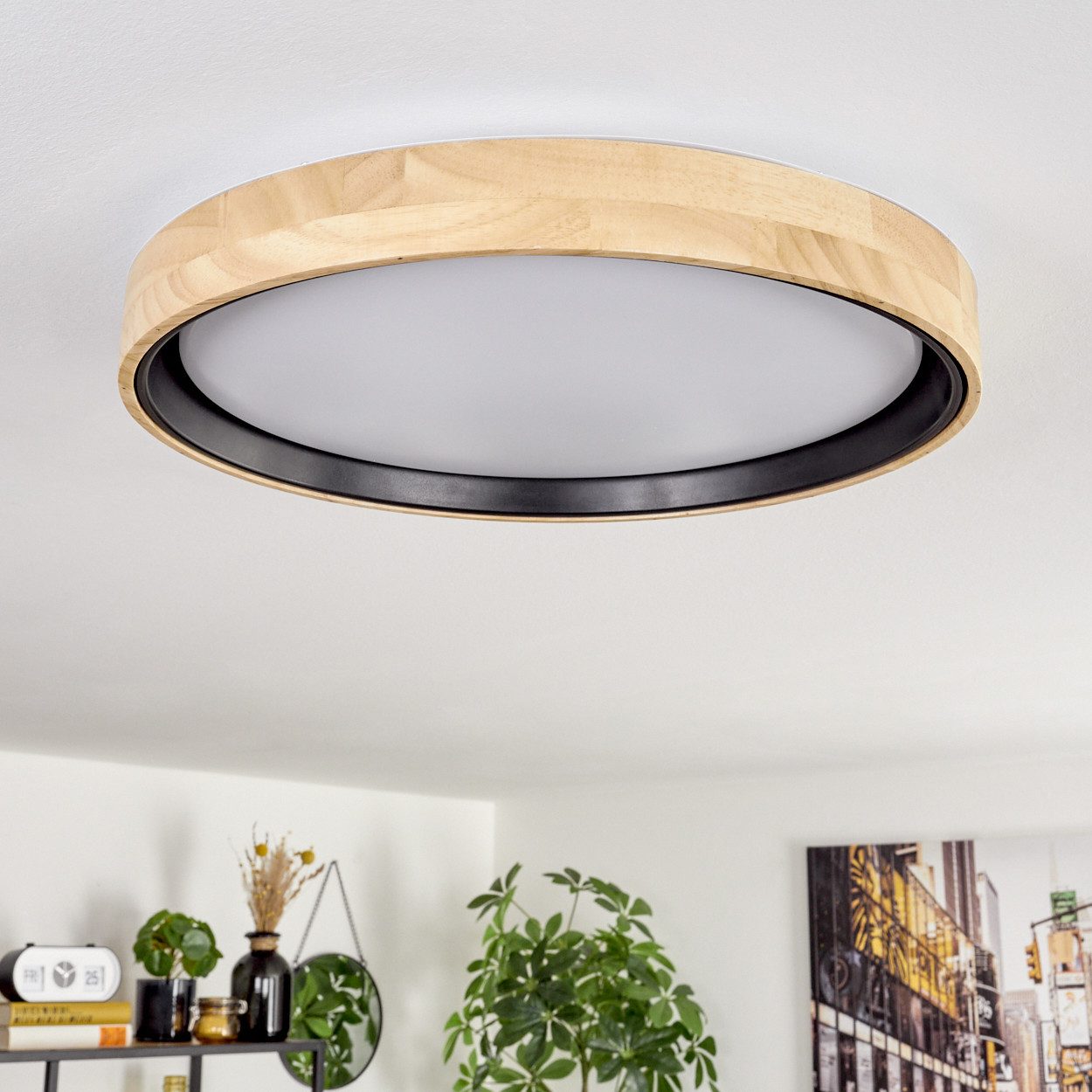 hofstein Deckenleuchte Deckenlampe aus Holz/Metall/Kunststoff in Natur/farbenWeiß, LED wechselbar, 3000 Kelvin, im skandinavisch/modernen Design mit rundem Schirm (40cm), 1-flammig