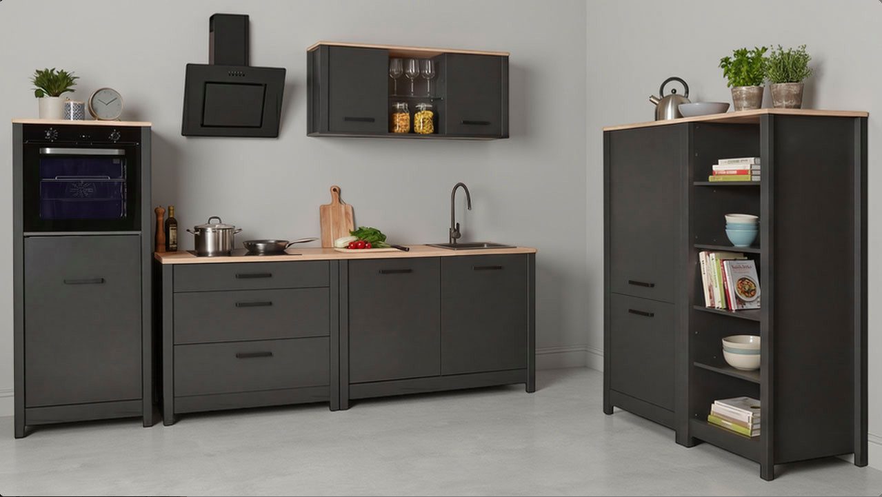 Inter Link Küchenzeile Pienza, Einbauküche, Küchenblock, Küchenmodul, Kompaktküche, Ohne E-Geräte für Spülmaschine Kochfeld Backofen Kühlschrank B: 430 cm