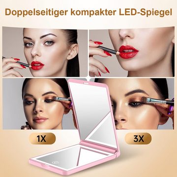 DOPWii Kosmetikspiegel Tragbarer LED Spiegel, Reise Make up Spiegel, 2x Vergrößerung, 3 Farben dimmbar