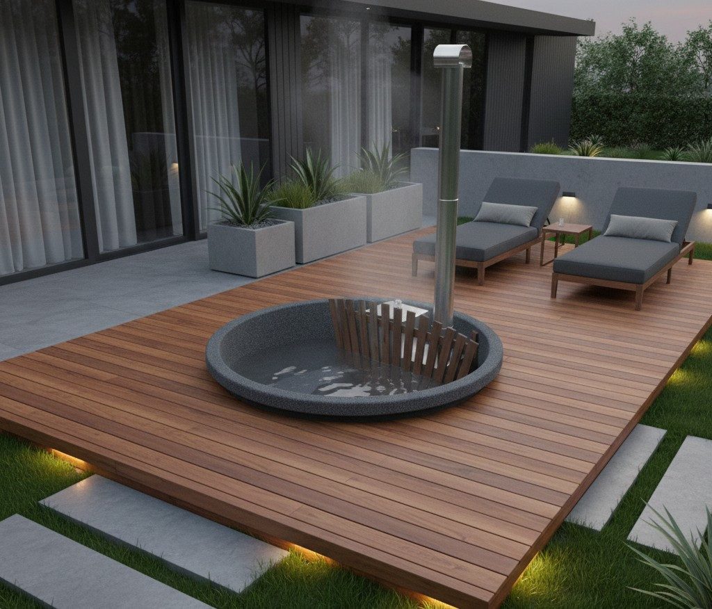 Finn Art Blockhaus Whirlpool 160 Premium Innenofen Terrassenmodell, Aufstellbecken, mit Holz Ofen